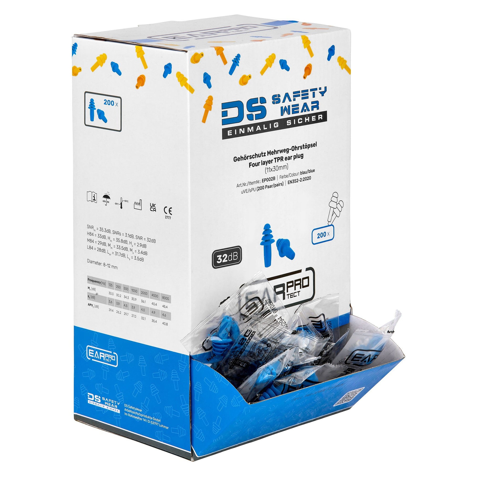Mehrweg-Ohrstöpsel aus TPE, lamellenförmig, ohne Kordel, SNR 32 dB, Box mit 200 Paar, blau - DS Safety Wear EP002B