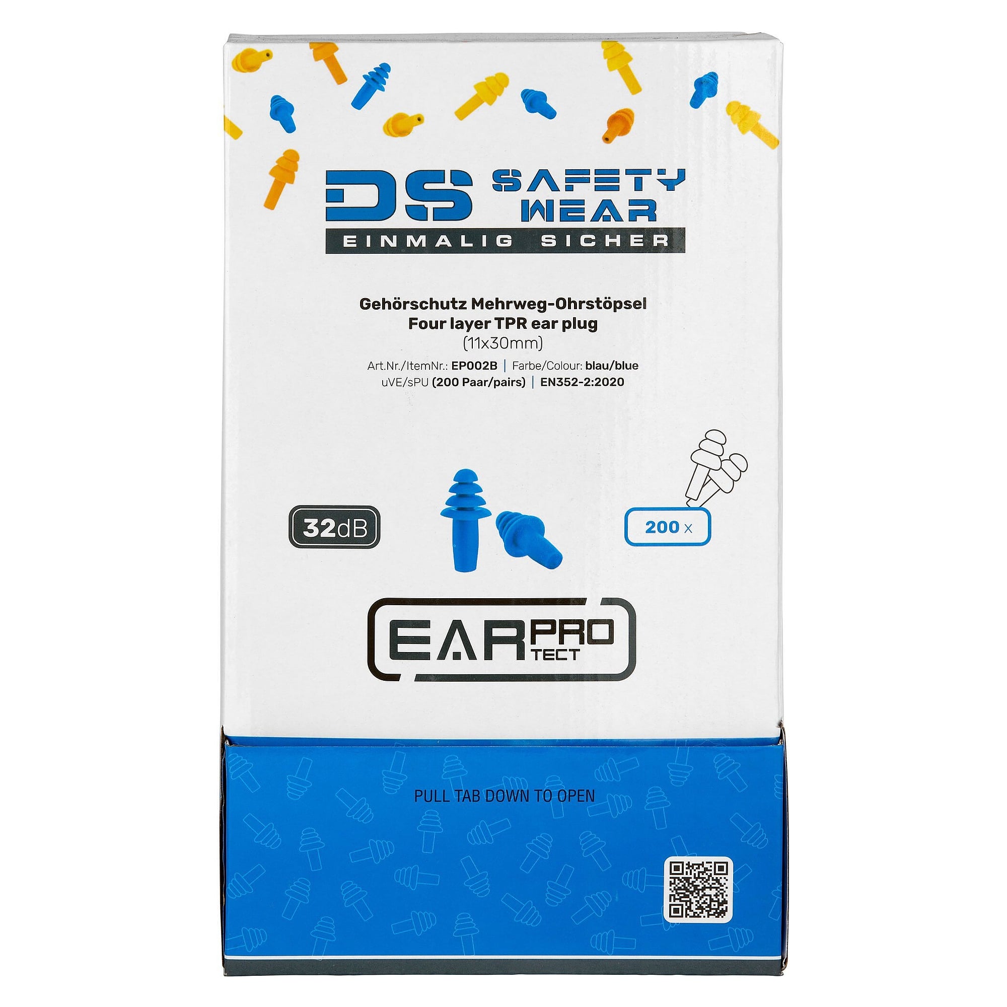 Mehrweg-Ohrstöpsel aus TPE, lamellenförmig, ohne Kordel, SNR 32 dB, Box mit 200 Paar, blau - DS Safety Wear EP002B