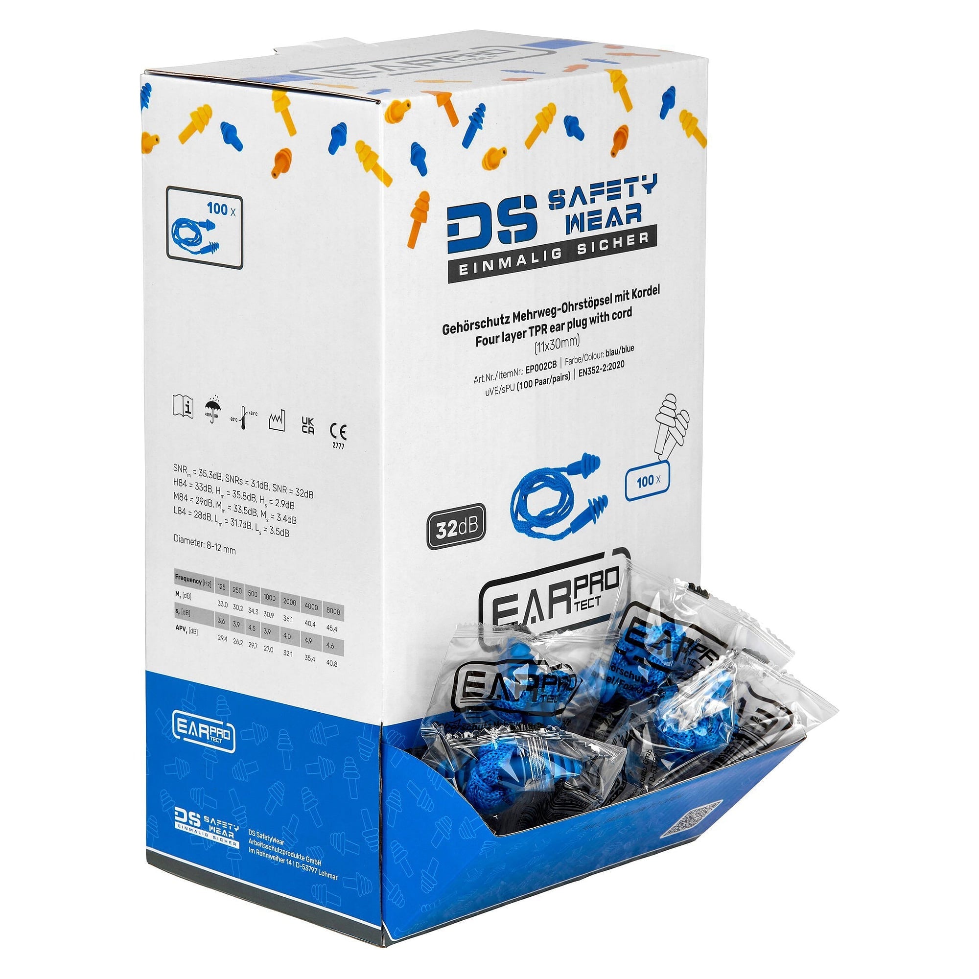 Mehrweg-Ohrstöpsel aus TPE, lamellenförmig, mit Kordel, SNR 32 dB, Box mit 100 Paar, blau - DS Safety Wear EP002CB