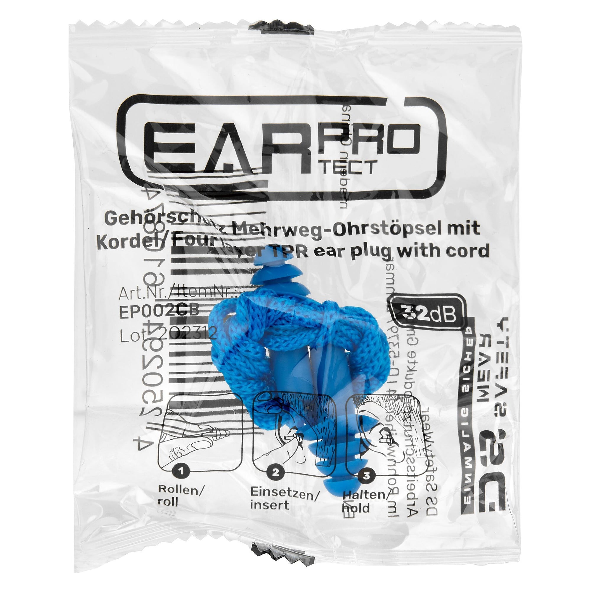 Mehrweg-Ohrstöpsel aus TPE, lamellenförmig, mit Kordel, SNR 32 dB, Box mit 100 Paar, blau - DS Safety Wear EP002CB