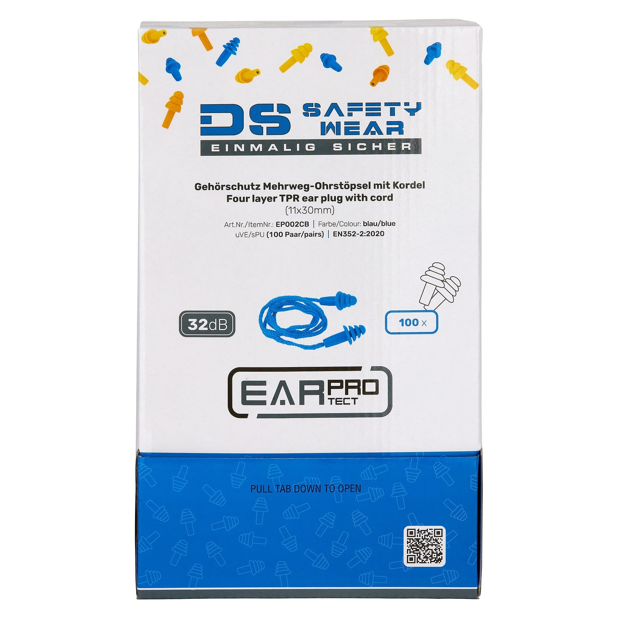 Mehrweg-Ohrstöpsel aus TPE, lamellenförmig, mit Kordel, SNR 32 dB, Box mit 100 Paar, blau - DS Safety Wear EP002CB