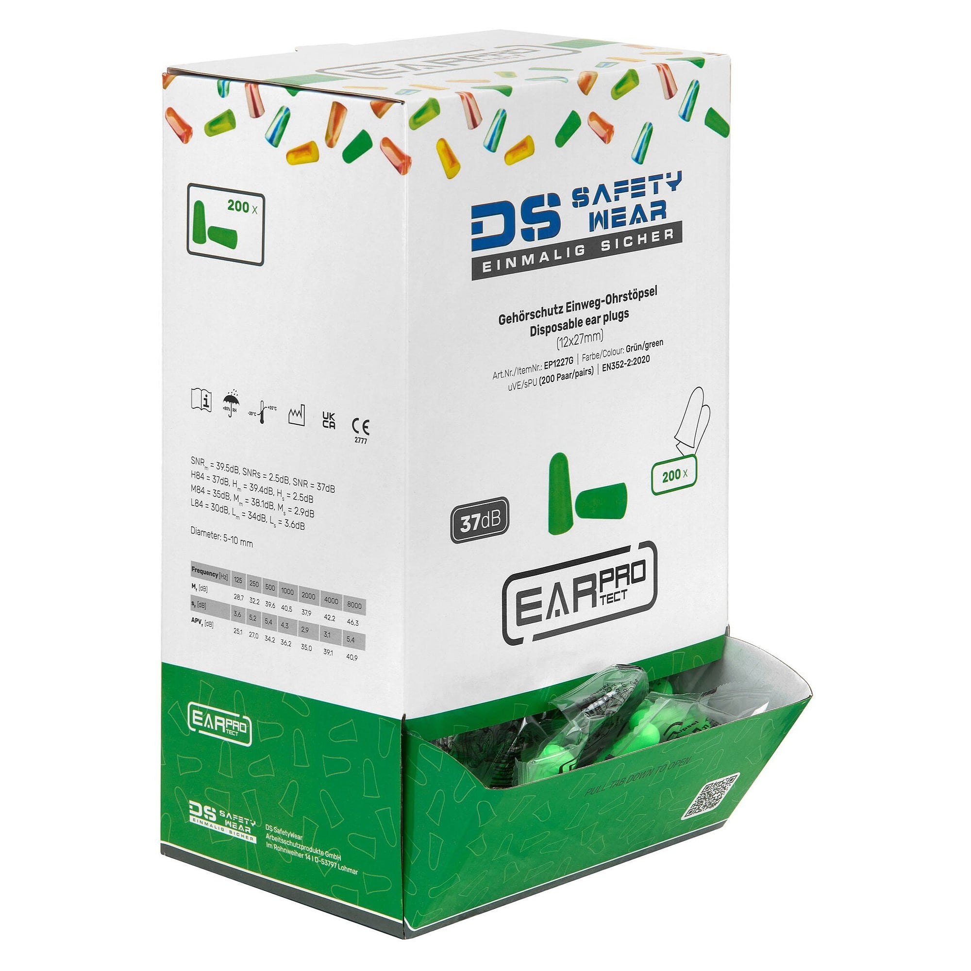 Einweg-Ohrstöpsel aus PU-Schaumstoff, SNR 37 dB, Box mit 200 Paar, grün - DS Safety Wear EP1227G