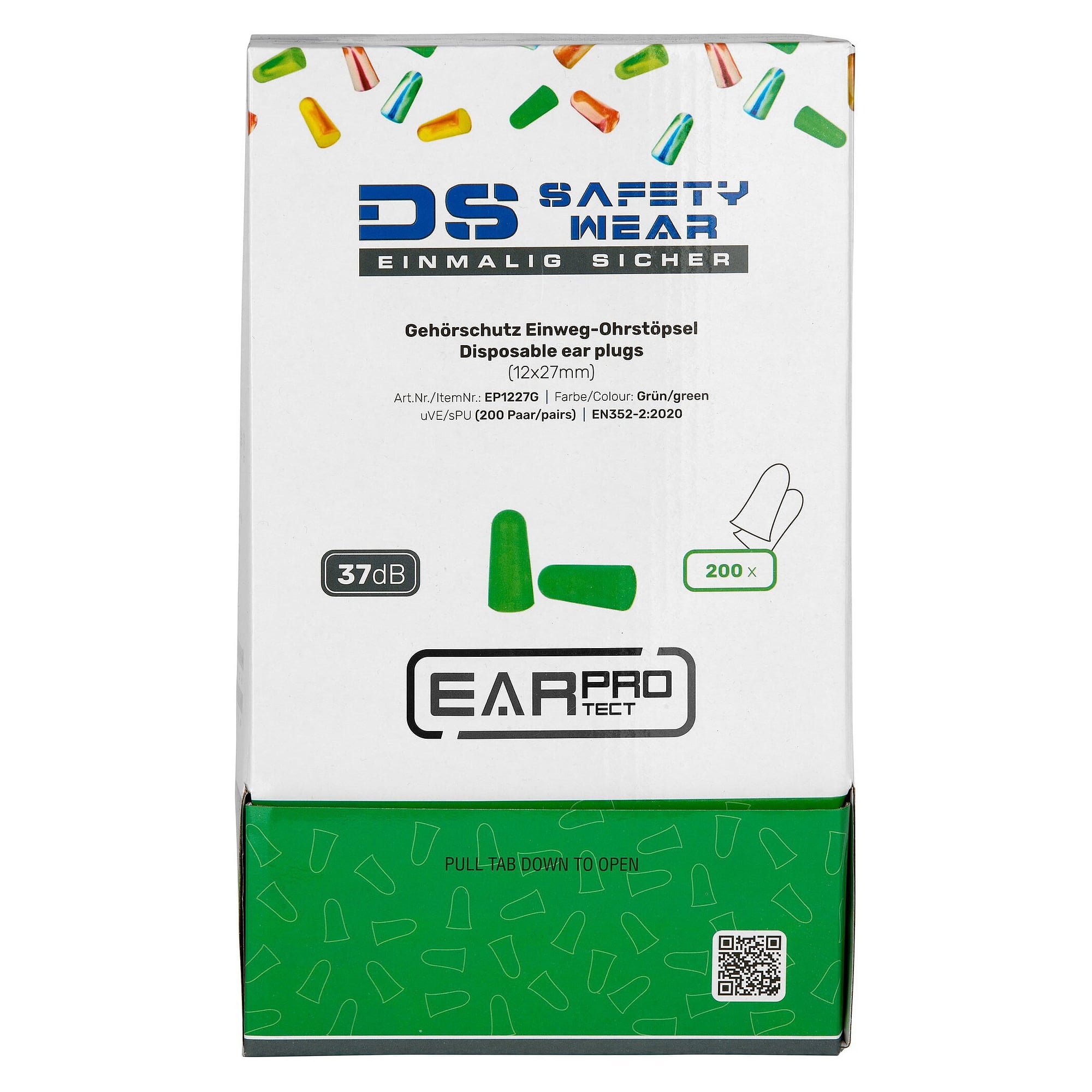 Einweg-Ohrstöpsel aus PU-Schaumstoff, SNR 37 dB, Box mit 200 Paar, grün - DS Safety Wear EP1227G