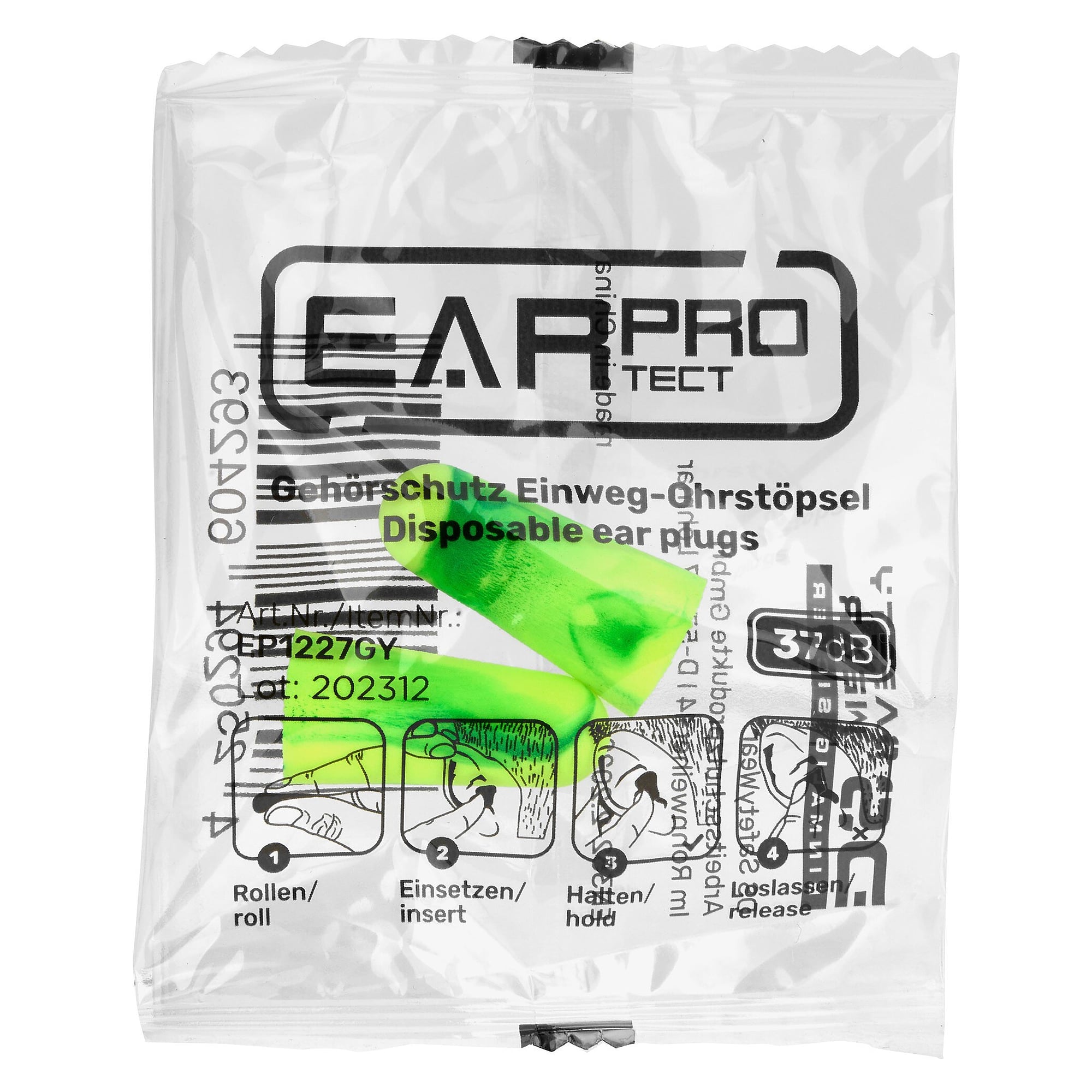 Disposable PU foam earplugs, SNR 37 dB, box of 200 pairs, green/yellow - DS Safety Wear EP1227GY