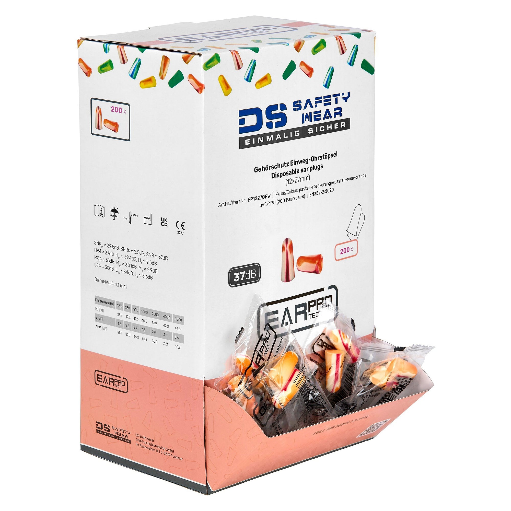 Bouchons d'oreilles jetables en mousse PU, SNR 37 dB, boîte de 200 paires, orange/violet/blanc - DS Safety Wear EP1227OPW