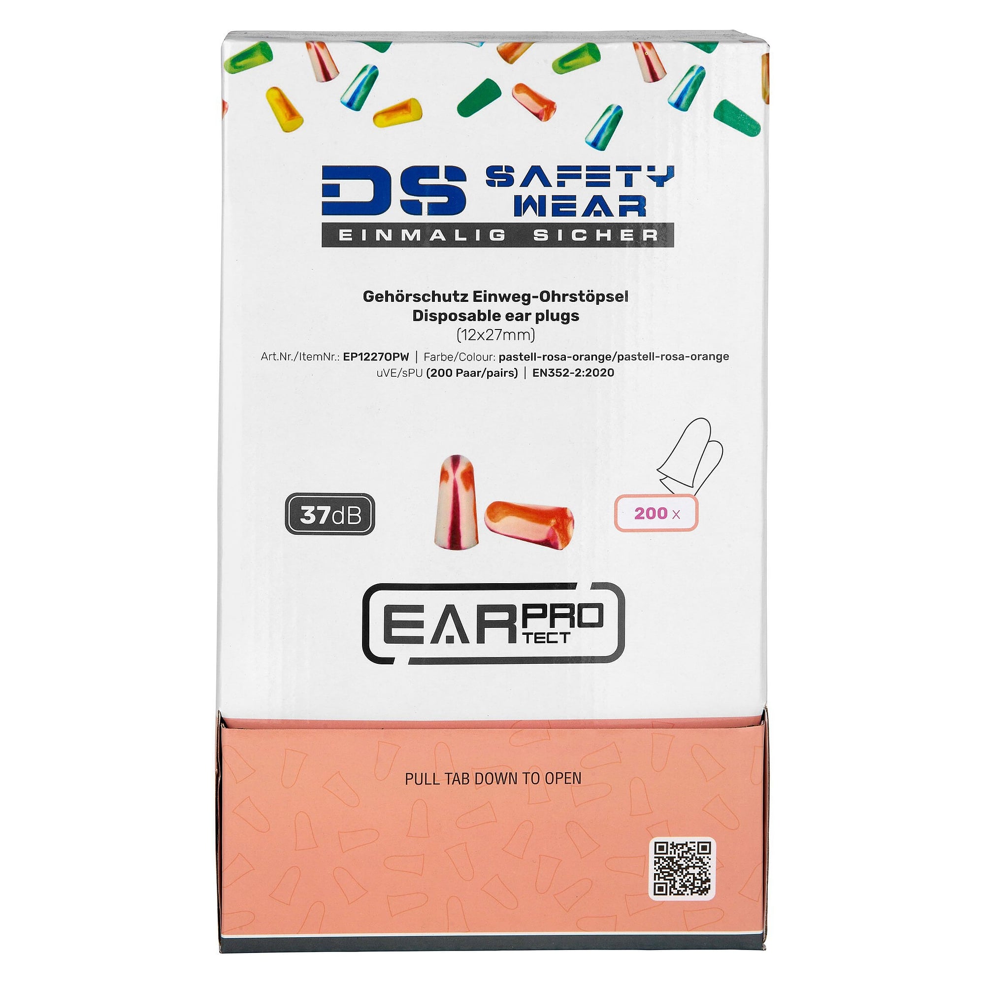 Bouchons d'oreilles jetables en mousse PU, SNR 37 dB, boîte de 200 paires, orange/violet/blanc - DS Safety Wear EP1227OPW