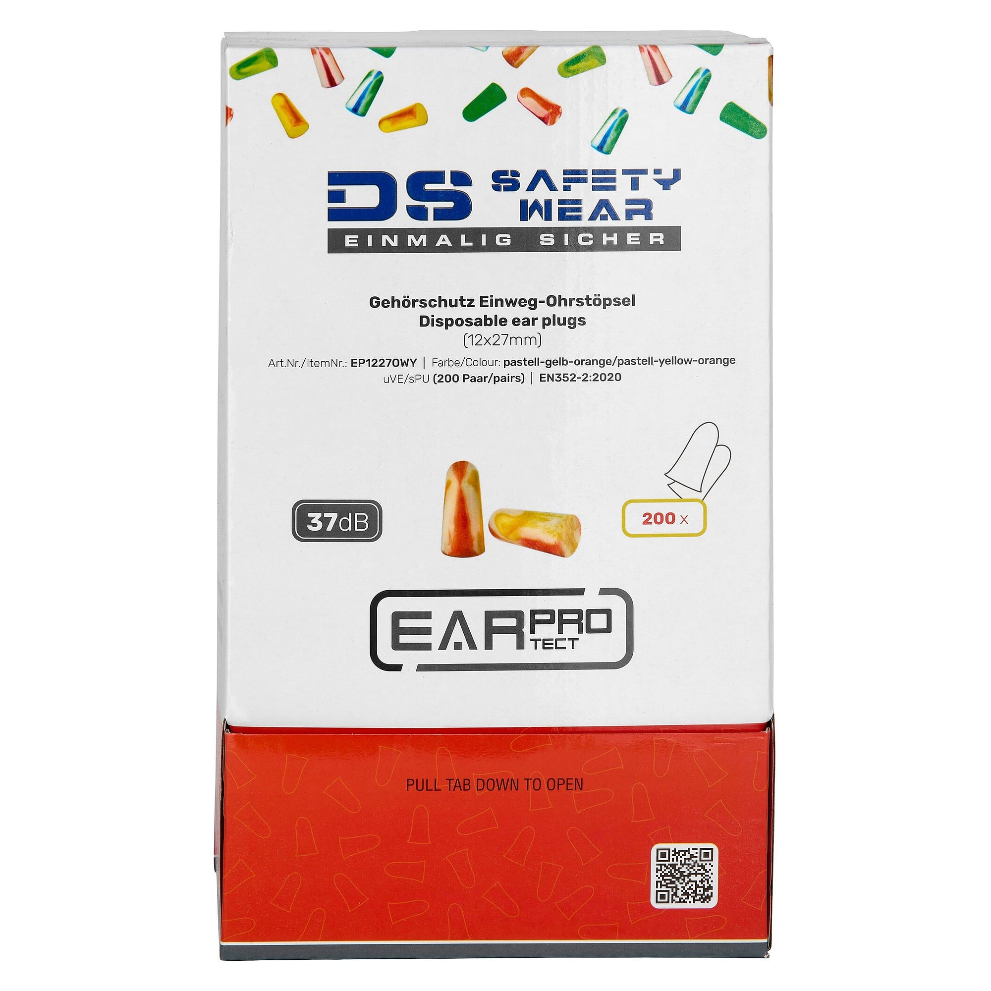 Bouchons d'oreilles jetables en mousse PU, SNR 37 dB, boîte de 200 paires, orange/blanc/jaune - DS Safety Wear EP1227OWY