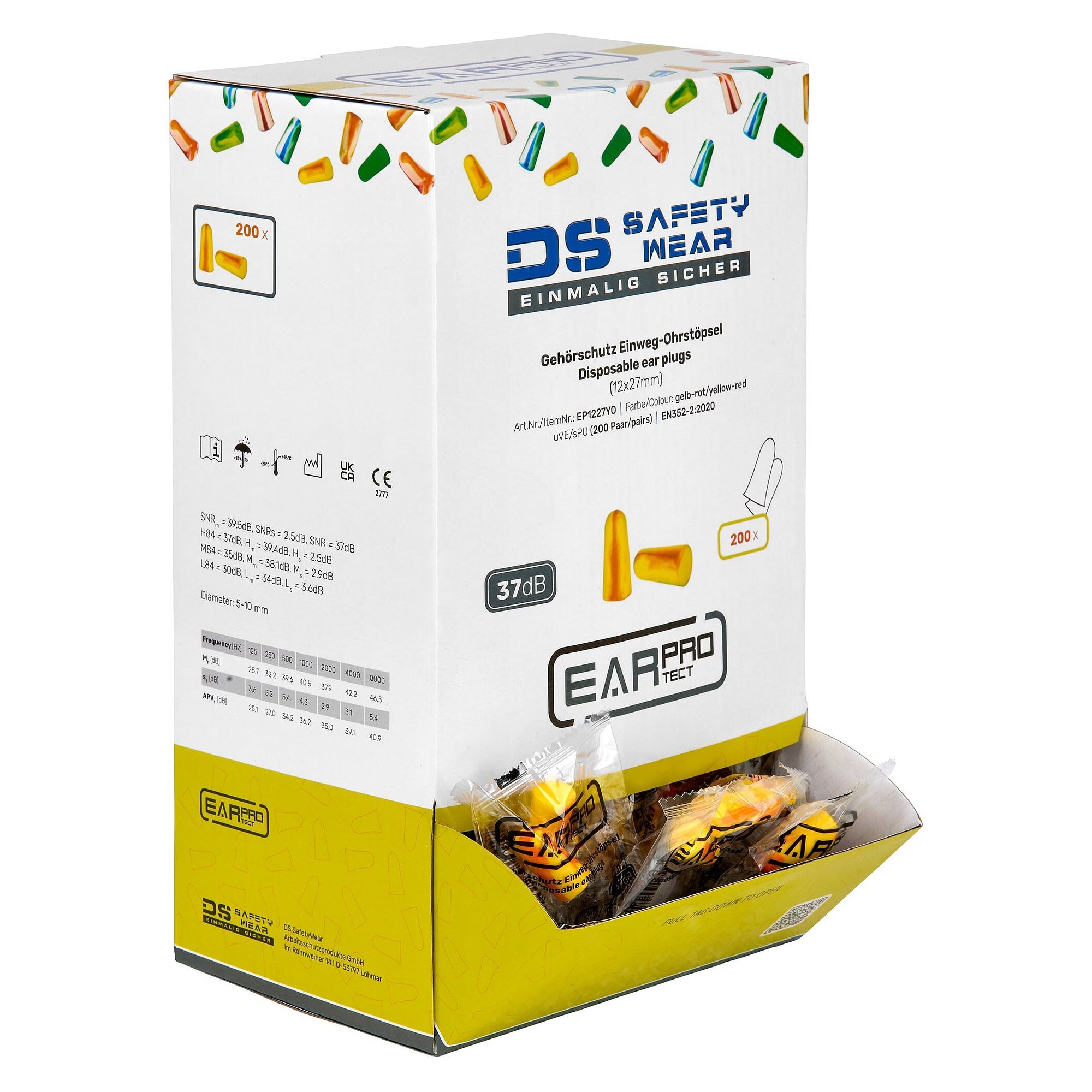 Einweg-Ohrstöpsel aus PU-Schaumstoff, SNR 37 dB, Box mit 200 Paar, gelb/orange - DS Safety Wear EP1227YO