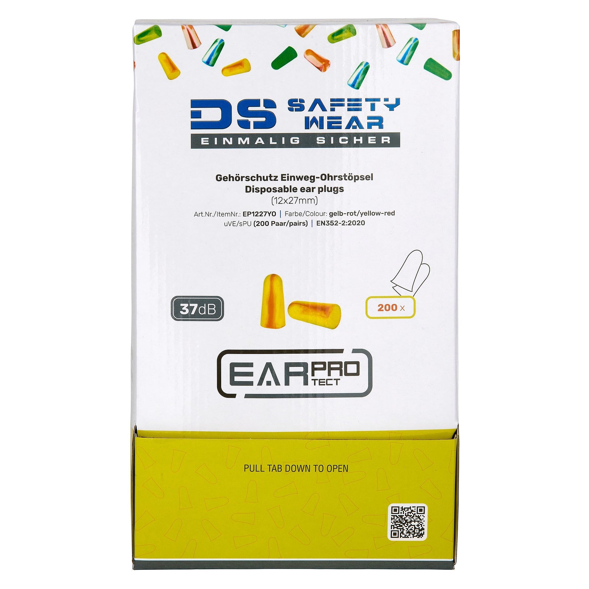 Einweg-Ohrstöpsel aus PU-Schaumstoff, SNR 37 dB, Box mit 200 Paar, gelb/orange - DS Safety Wear EP1227YO