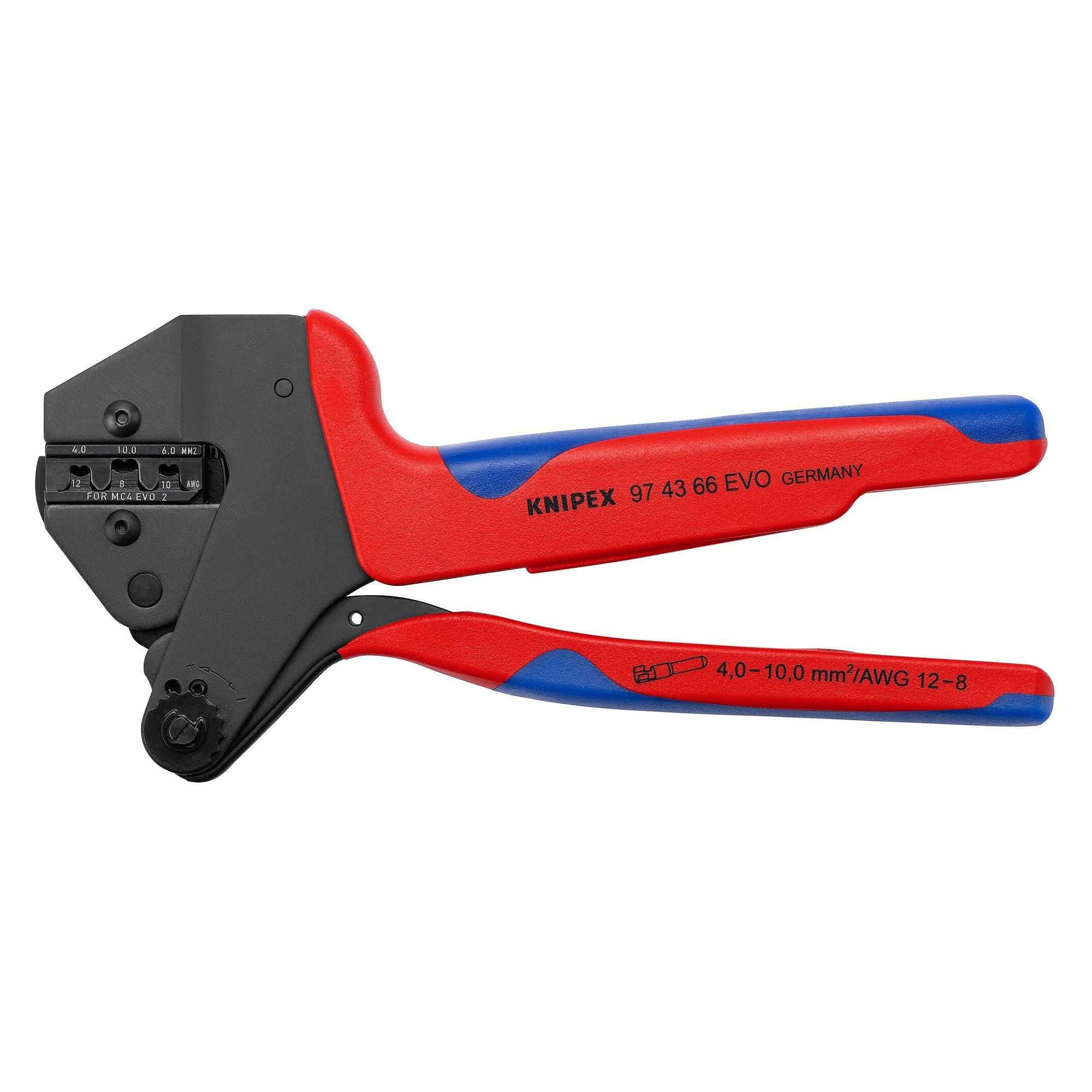 MC4 EVO2 crimping system pliers for PV connectors 4 to 10 mm², calibrated, 200 mm - Knipex 97 43 66 EVO