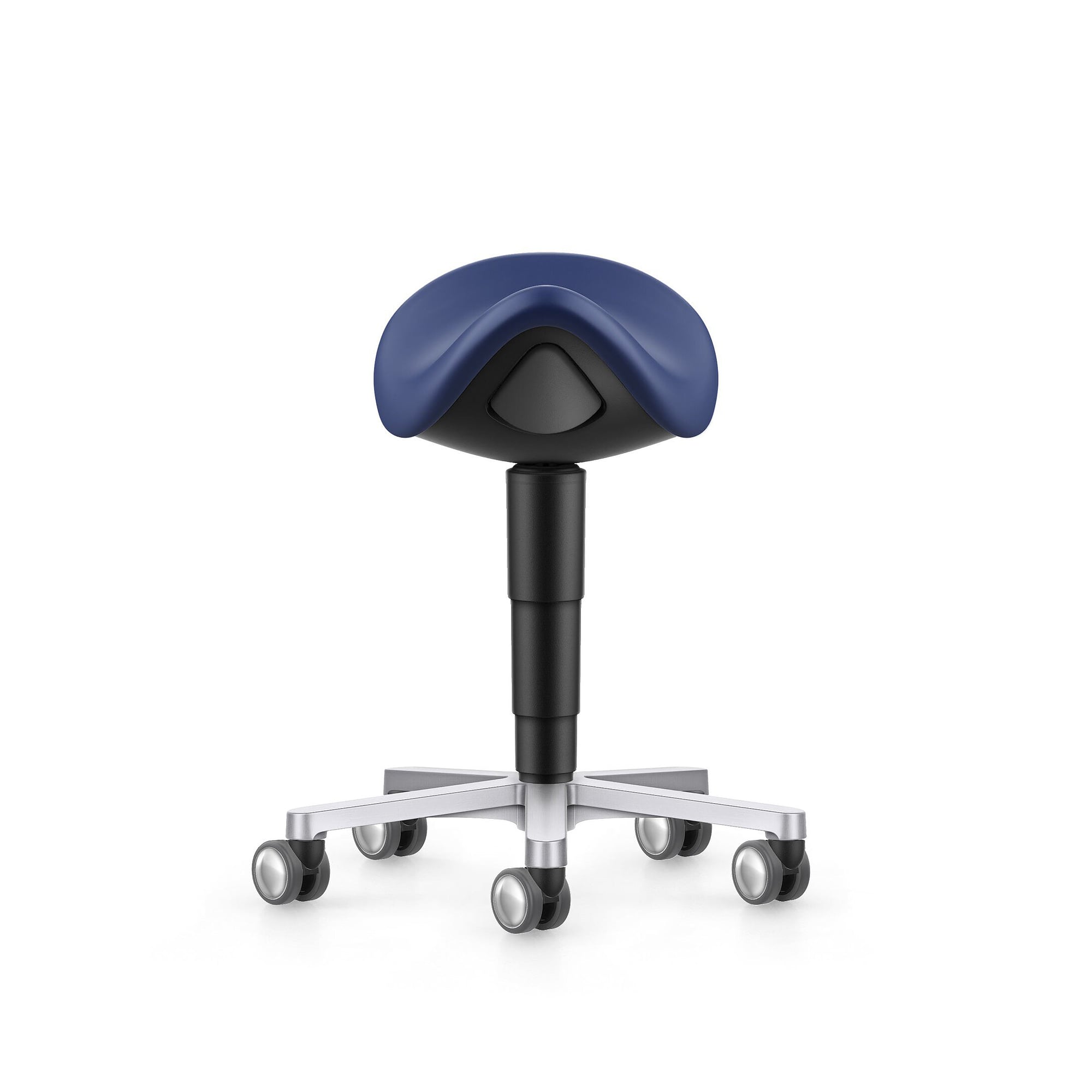 Laboratory and medical saddle stool, castors, Magic leatherette blue, seat height 540-800 mm - Bimos 9473L-MG02