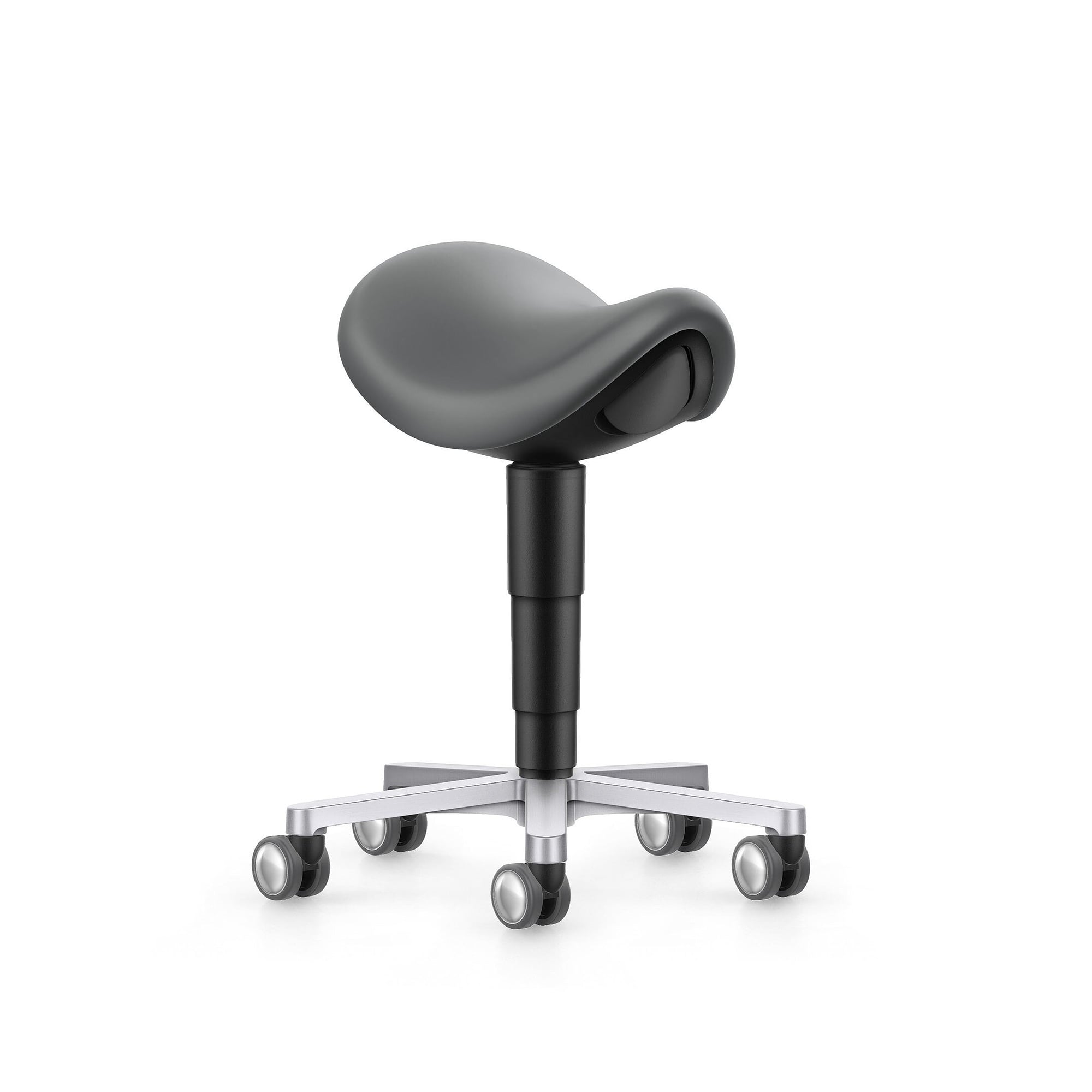 Laboratory and medical saddle stool, castors, Magic leatherette grey, seat height 540-800 mm - Bimos 9473L-MG11