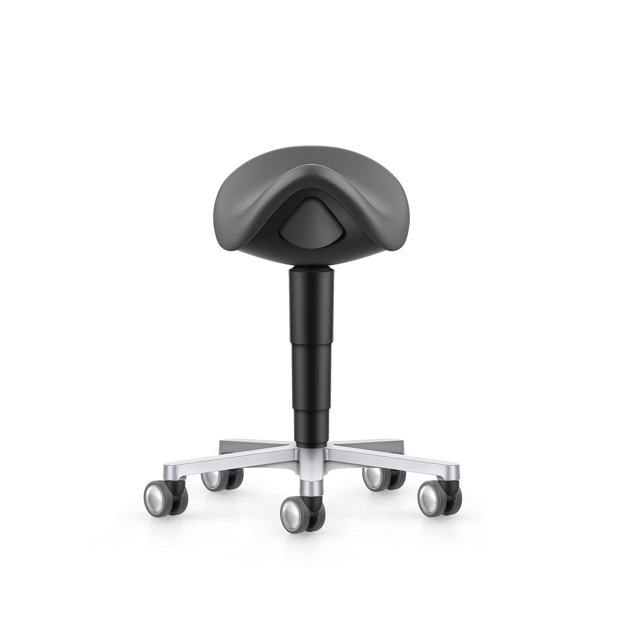 Laboratory and medical saddle stool, castors, Magic leatherette grey, seat height 540-800 mm - Bimos 9473L-MG11