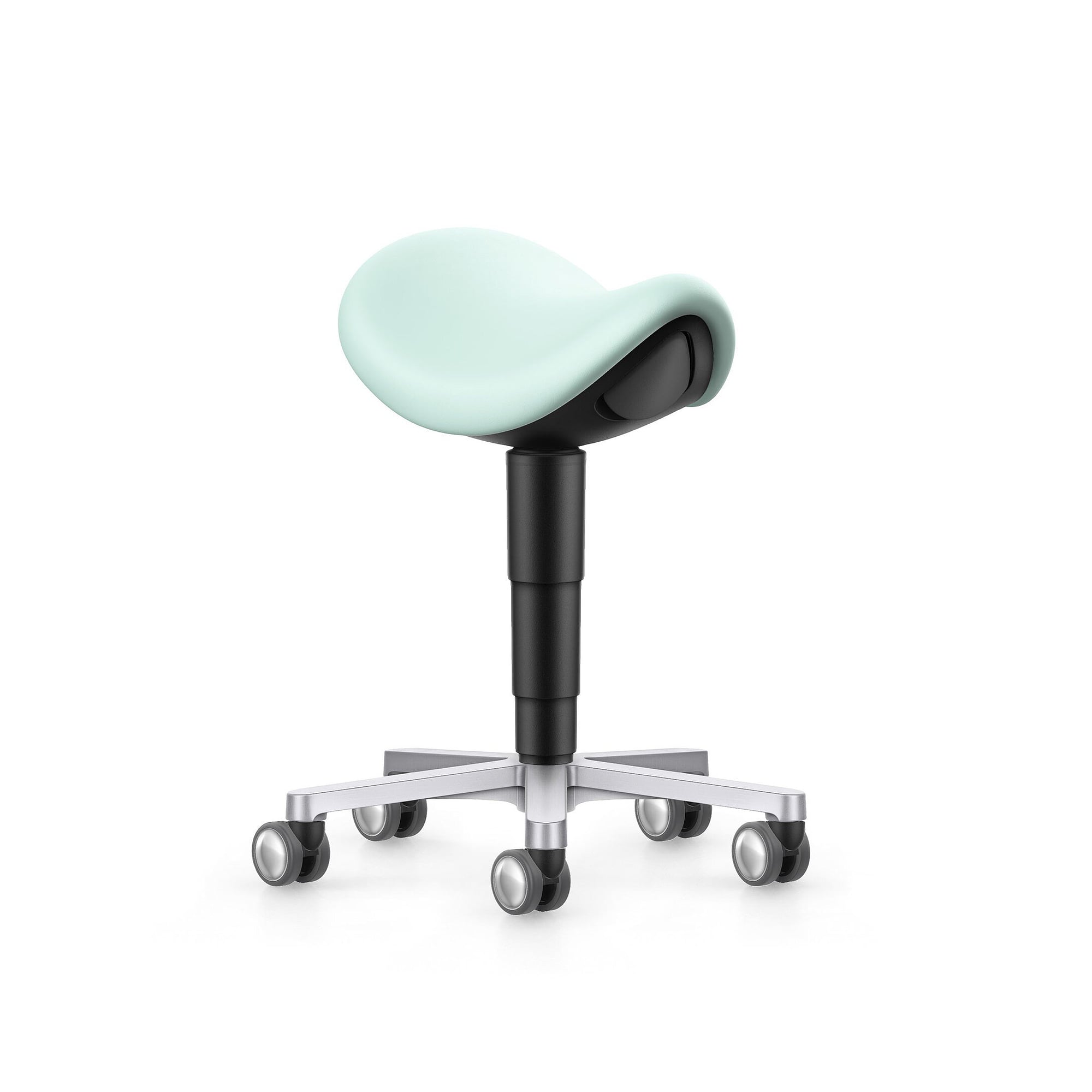 Tabouret selle laboratoire et médical à roulettes, similicuir Magic menthe, assise 540-800 mm - Bimos 9473L-MG84