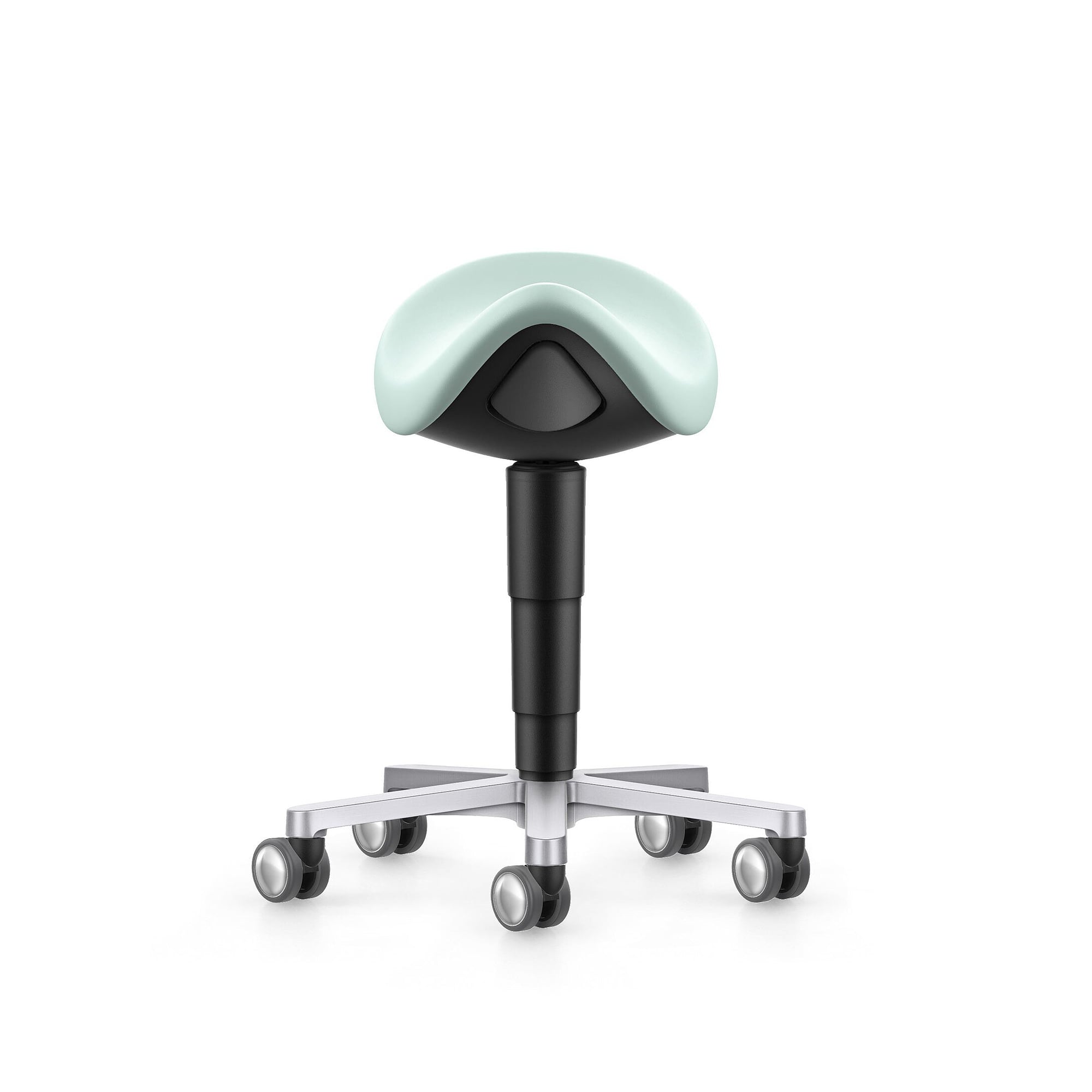 Laboratory and medical saddle stool, castors, Magic leatherette mint, seat height 540-800 mm - Bimos 9473L-MG84