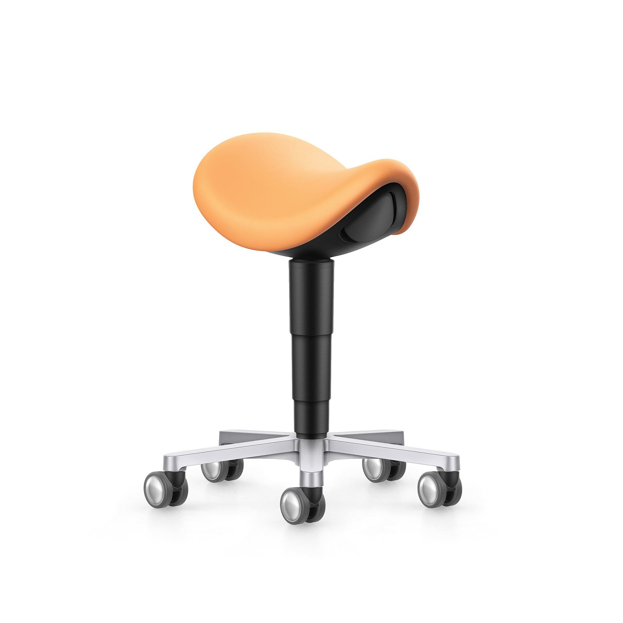 Laboratory and medical saddle stool, castors, Magic leatherette apricot, seat height 540-800 mm - Bimos 9473L-MG76
