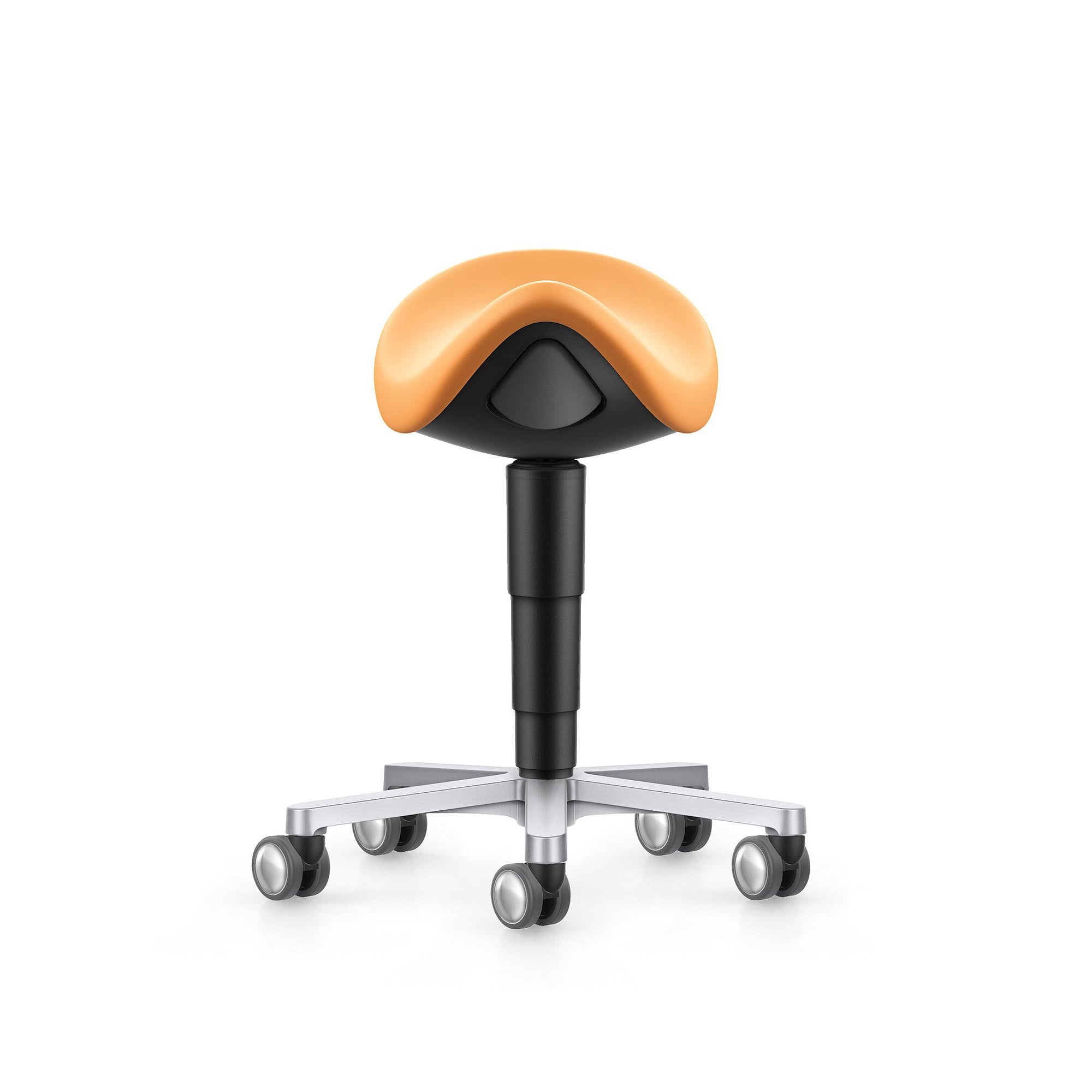 Laboratory and medical saddle stool, castors, Magic leatherette apricot, seat height 540-800 mm - Bimos 9473L-MG76