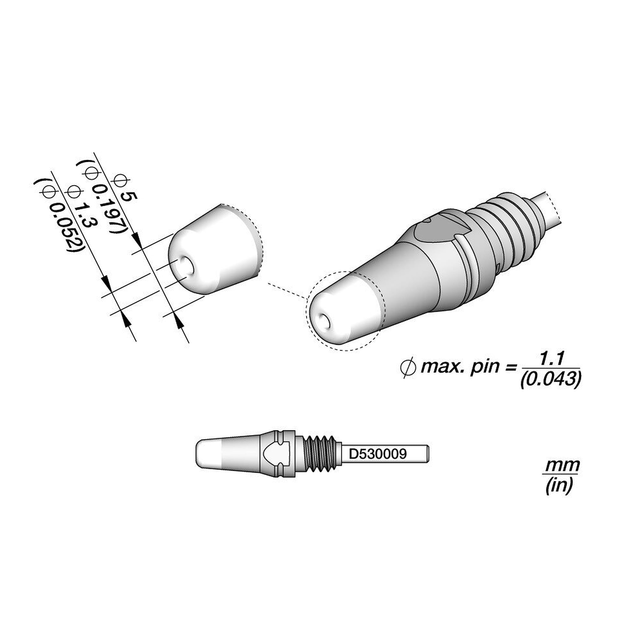 Entlötspitze D530 für Pins bis 1,1 mm, Innen-Ø 1,3 mm, für Entlötkolben DT530 - JBC D530009