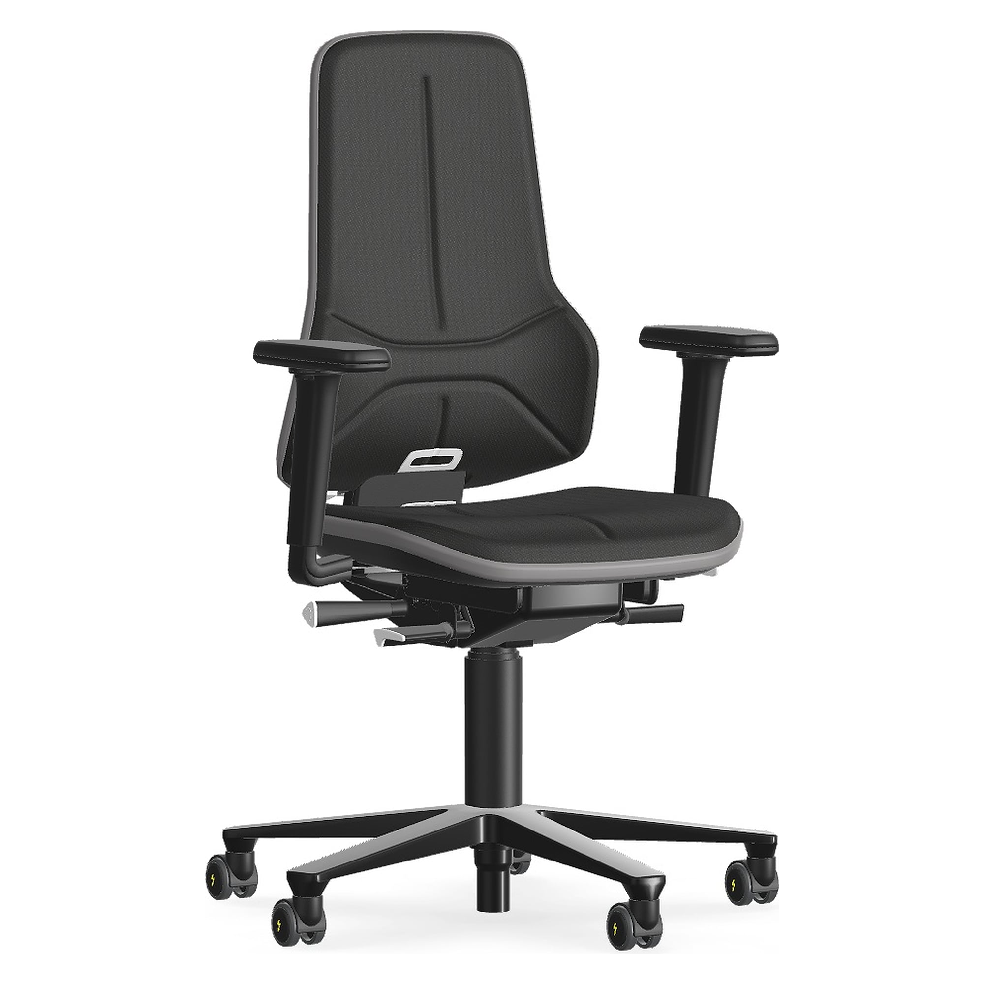 ESD work chair Neon 2 with castors, synchronous mechanism, Duotec black, Flexband grey - Bimos 9573E-9801-3278-770-905