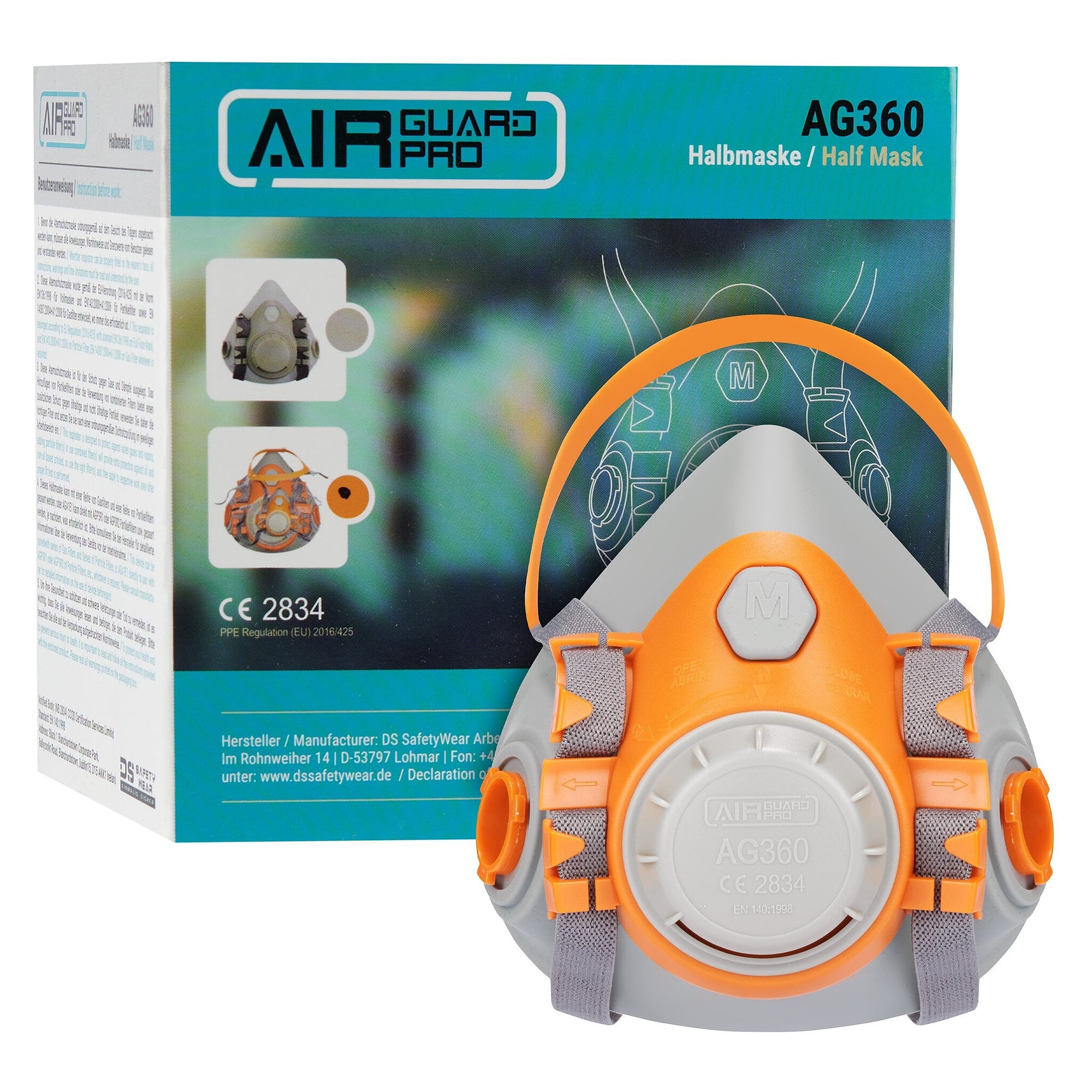 Demi-masque de protection respiratoire réutilisable AirGuard Pro 360 à baïonnette, EN 140, orange - DS Safety Wear AG360
