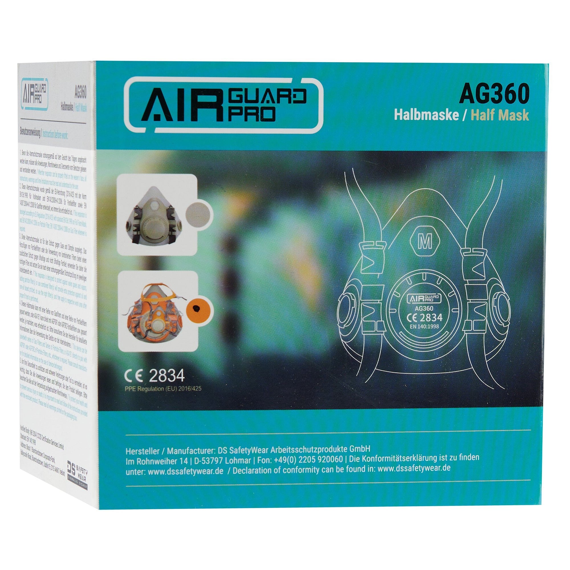Demi-masque de protection respiratoire réutilisable AirGuard Pro 360 à baïonnette, EN 140, orange - DS Safety Wear AG360