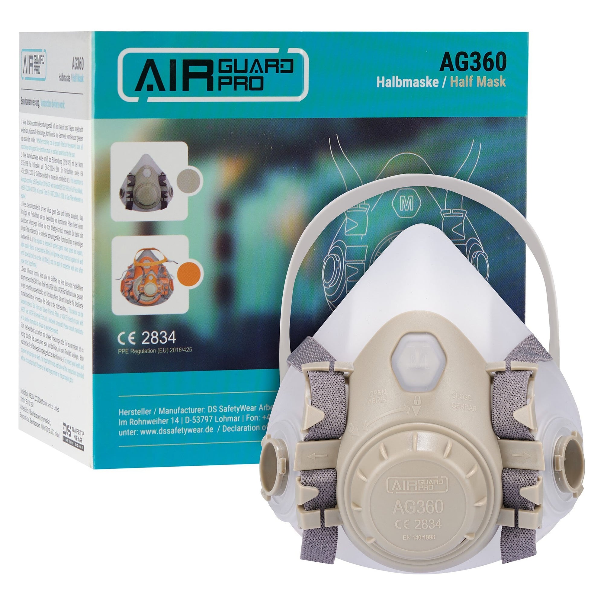 Wiederverwendbare Atemschutz-Halbmaske AirGuard Pro 360 mit Bajonettanschluss, EN 140, weiß - DS Safety Wear AG360W
