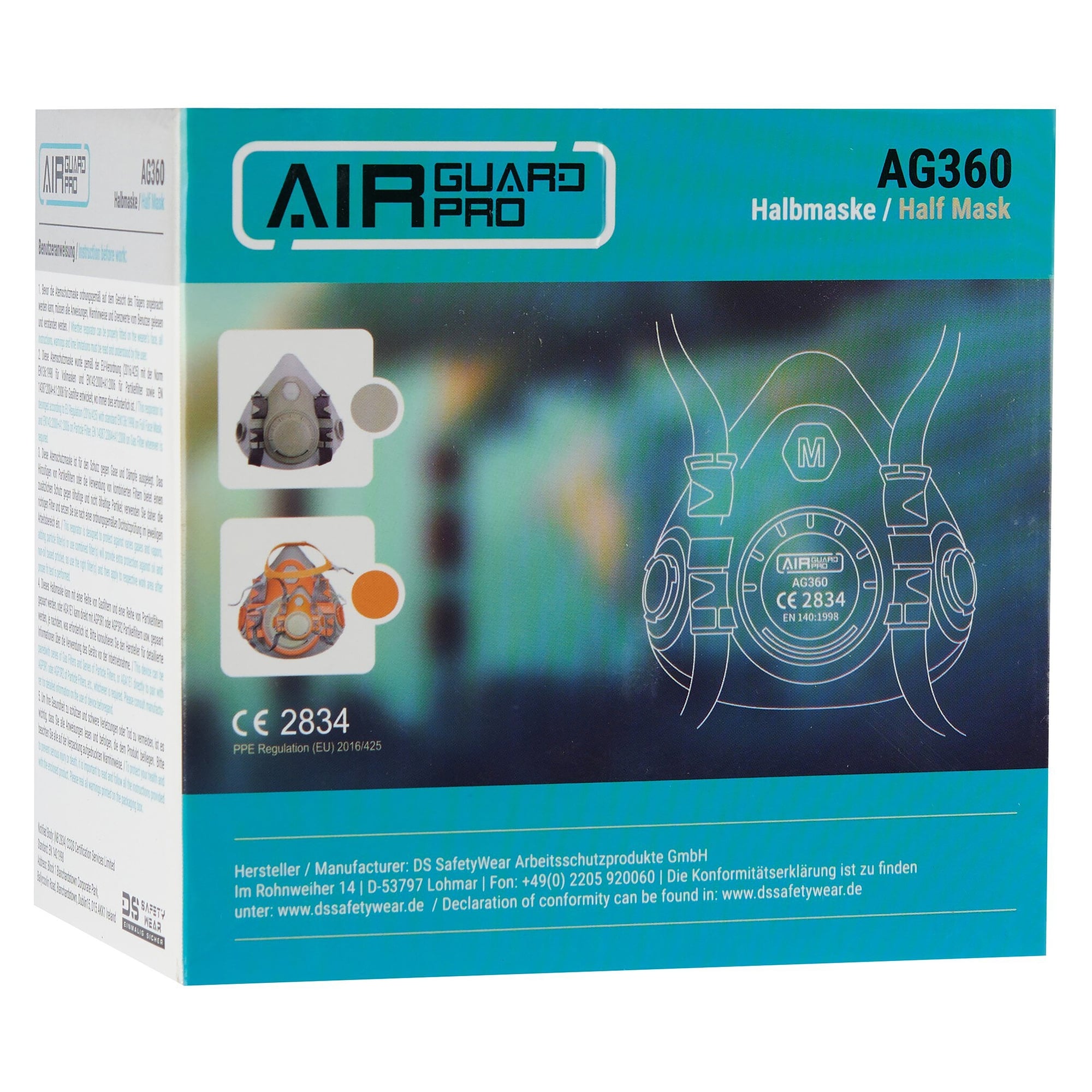 Wiederverwendbare Atemschutz-Halbmaske AirGuard Pro 360 mit Bajonettanschluss, EN 140, weiß - DS Safety Wear AG360W