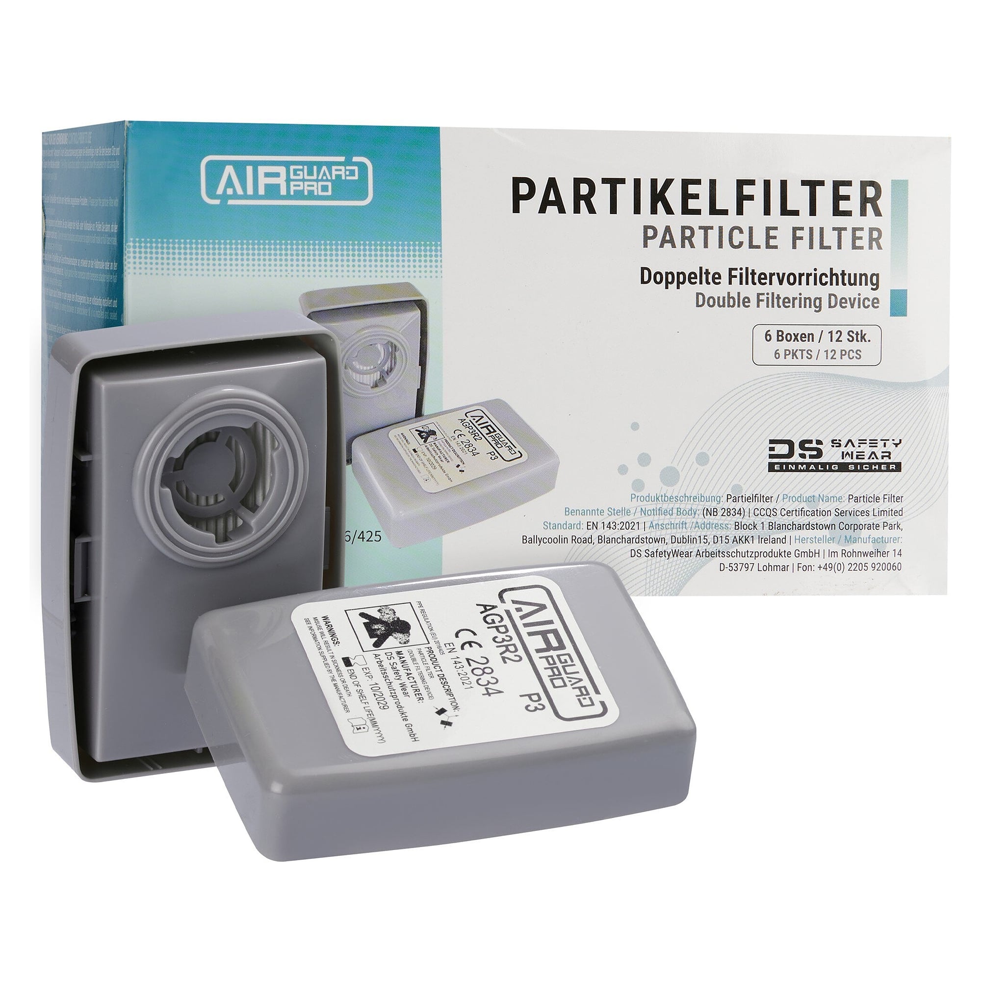 Partikelfilter P3 aus Glasfaser mit Bajonettanschluss für Halbmaske AirGuard Pro 360, VPE 6 Stück - DS Safety Wear AGP3R2