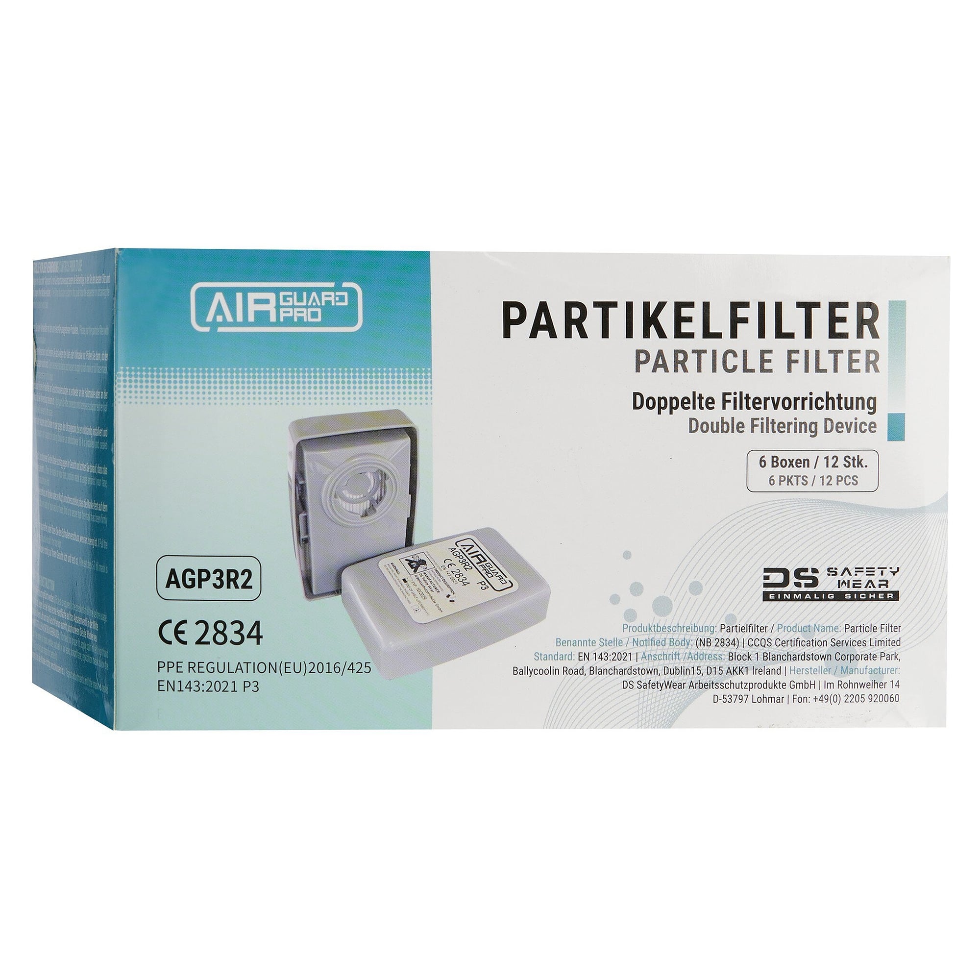 Partikelfilter P3 aus Glasfaser mit Bajonettanschluss für Halbmaske AirGuard Pro 360, VPE 6 Stück - DS Safety Wear AGP3R2