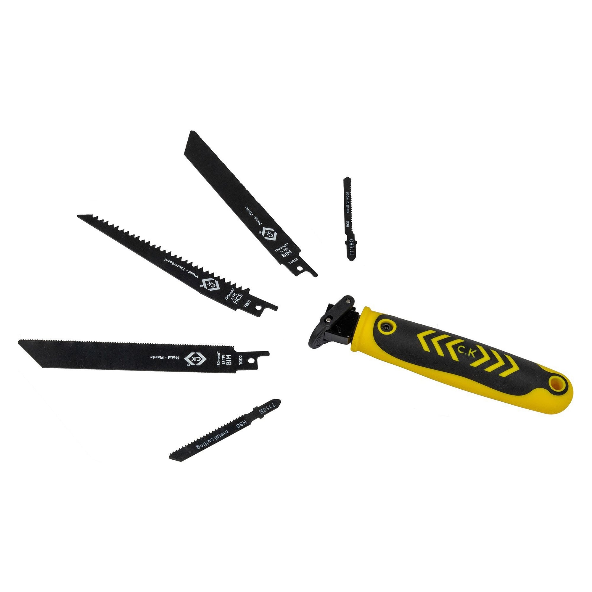 Scie multifonction à poignée bi-matière, 3 lames sabre et 2 lames sauteuse pour bois, métal et plastique - C.K T0820A