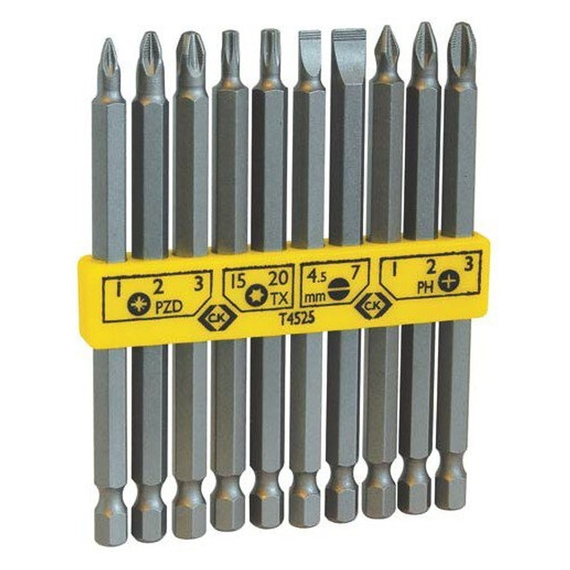 Jeu d'embouts extra longs 100 mm, 10 pièces, plat, PH, PZ et TORX, acier S2 - C.K T4525
