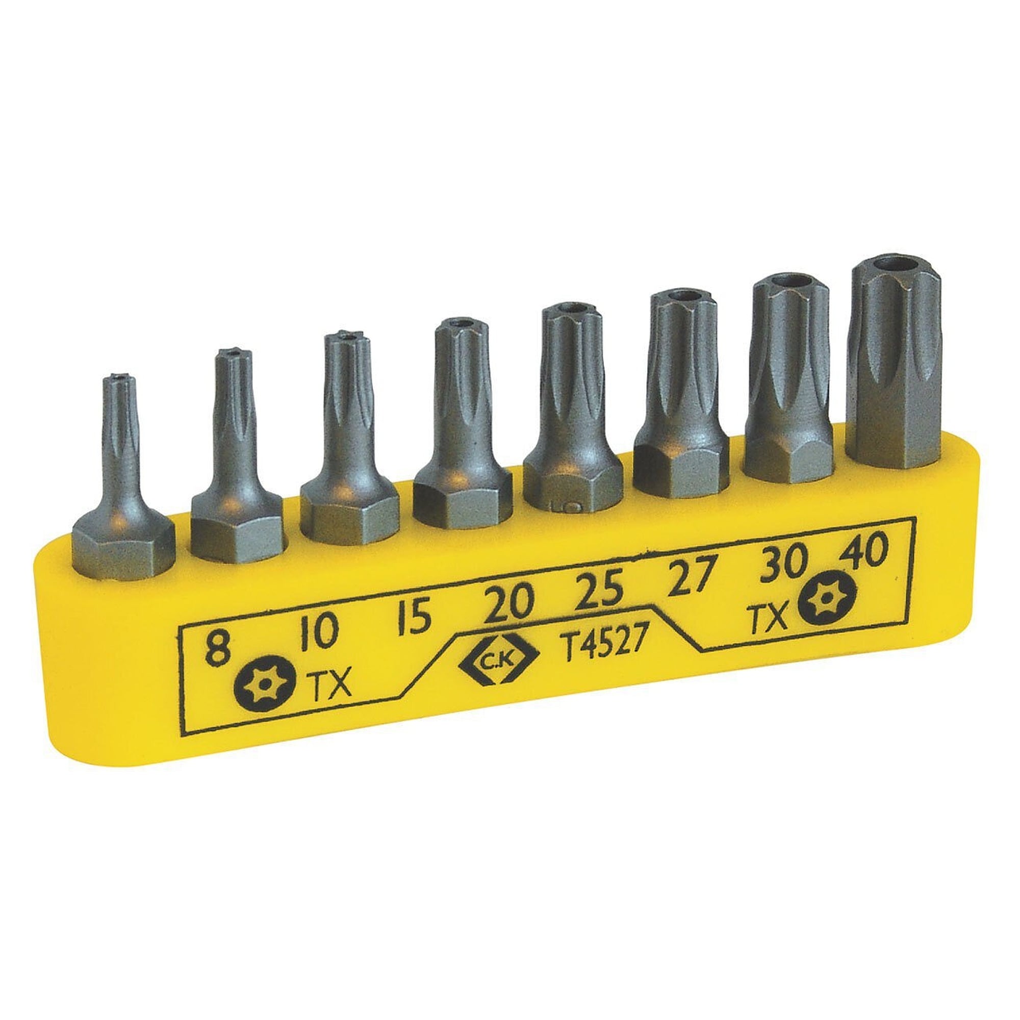 Jeu d'embouts TORX de sécurité avec alésage 8 pièces, acier S2, TX 8, 10, 15, 20, 25, 27, 30, 40 - C.K T4527