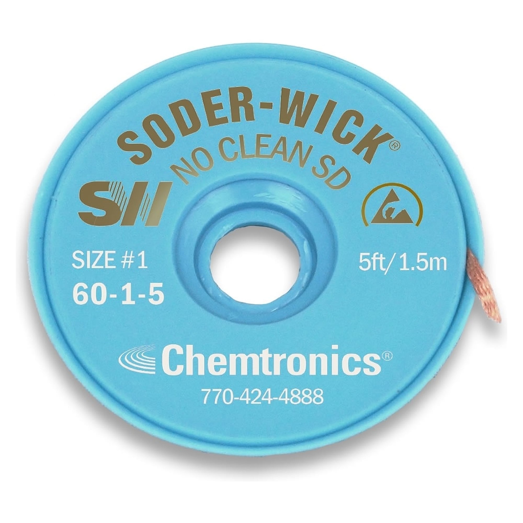 Tresse à dessouder ESD No-Clean 0,8 mm x 1,5 m, flux sans halogénure, bobine blanche - Chemtronics SW60-1-5