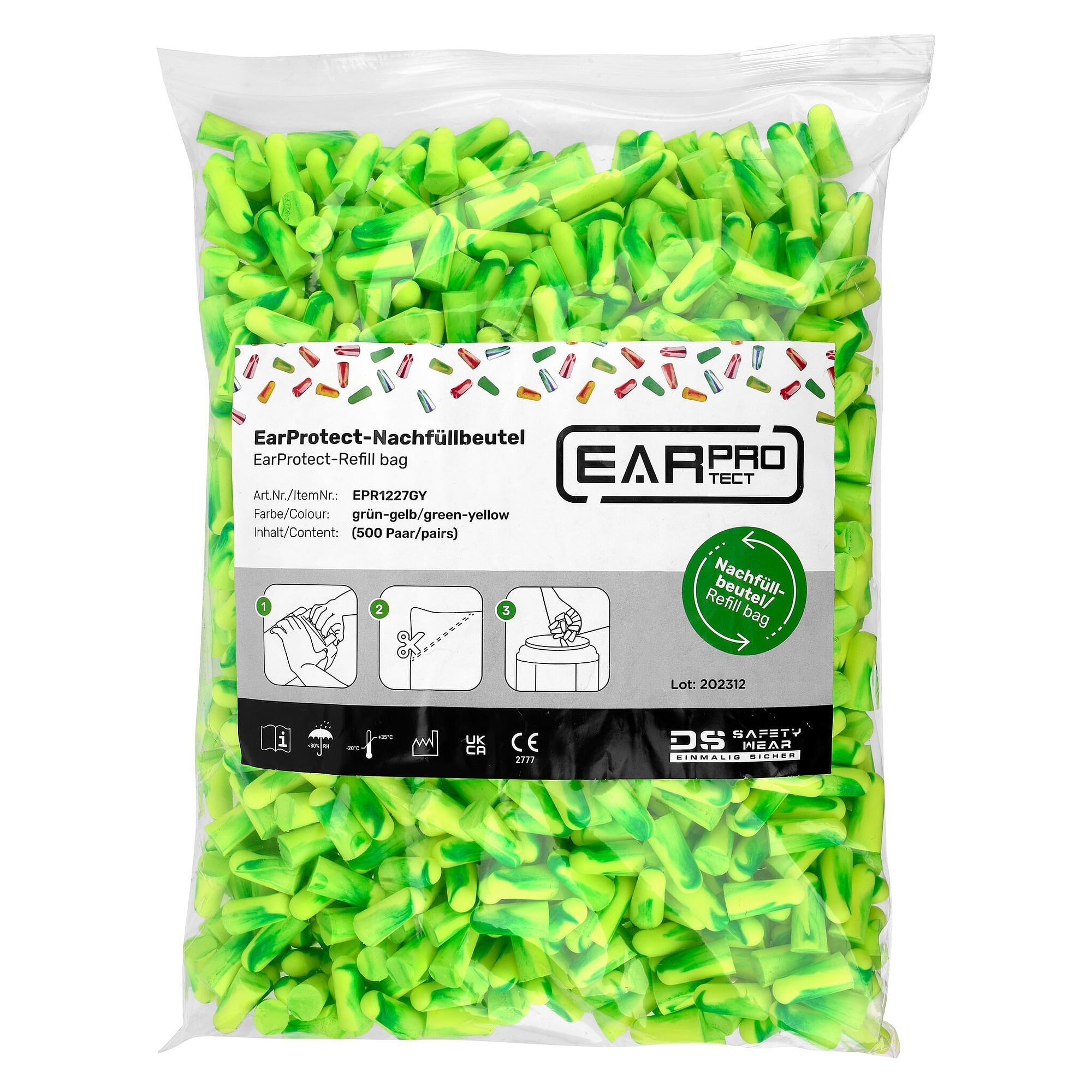 EarProtect Gehörschutzstöpsel PU-Schaum, SNR 37 dB, grün/gelb, Nachfüllbeutel mit 500 Paar - DS Safety Wear EPR1227GY