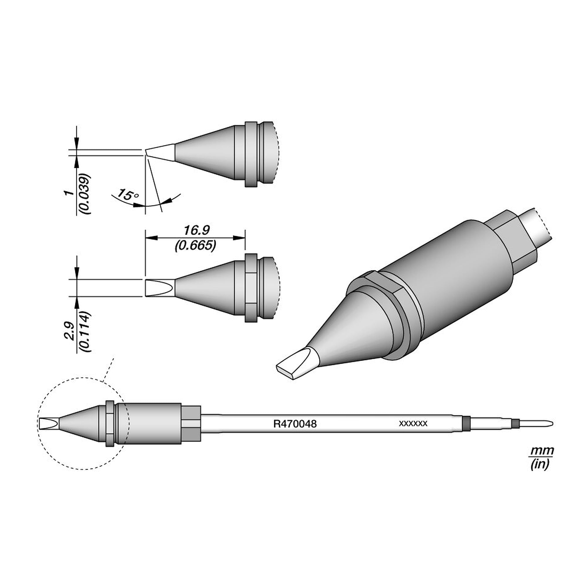 Soldering tip R470 chisel 2.9 x 1 mm, square shank, for TR470 and TRA470 - JBC R470048