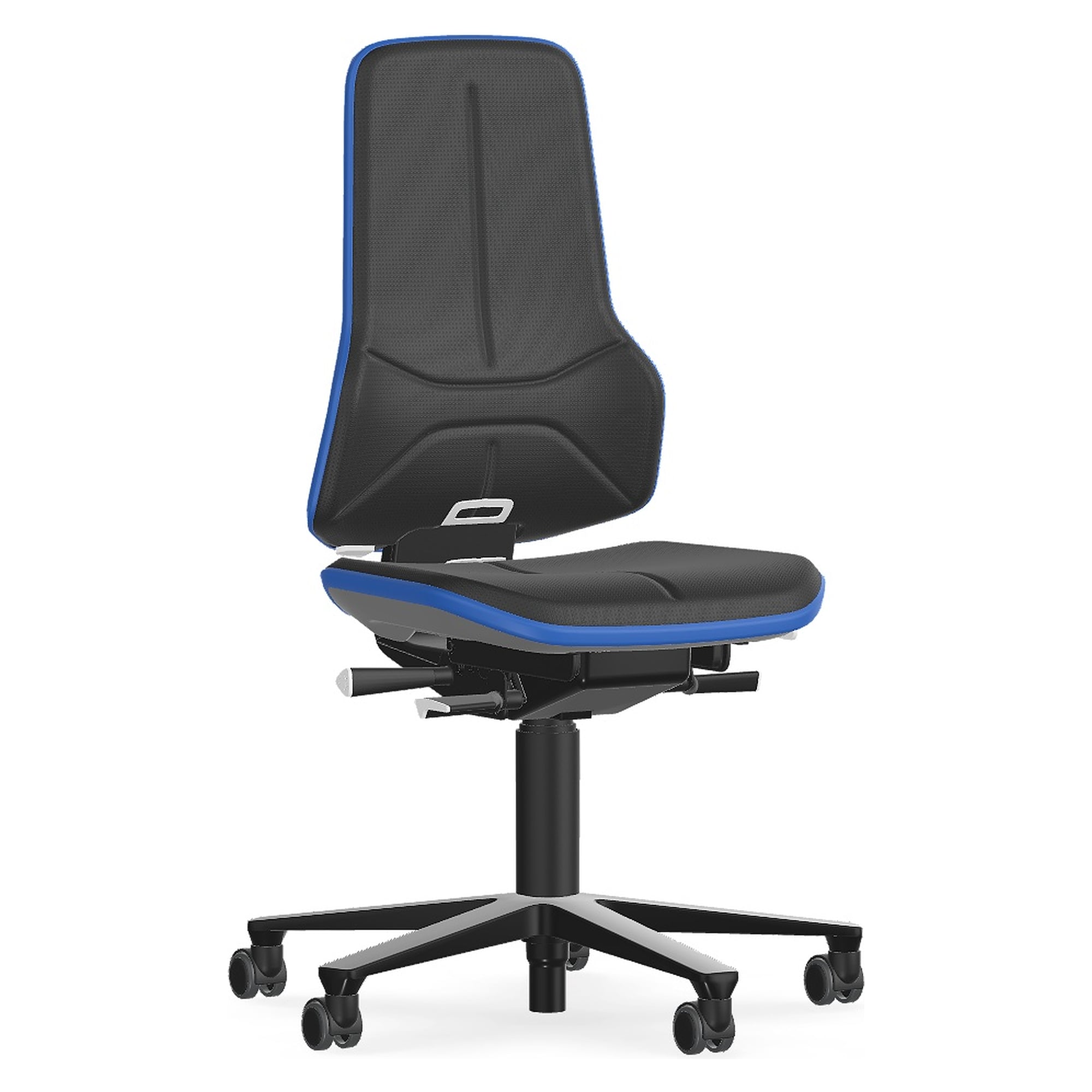 Arbeitsstuhl Neon 2 mit Rollen, Synchrontechnik, Polster Supertec schwarz, Flexband blau - Bimos 9573-SP01-3277-771-911