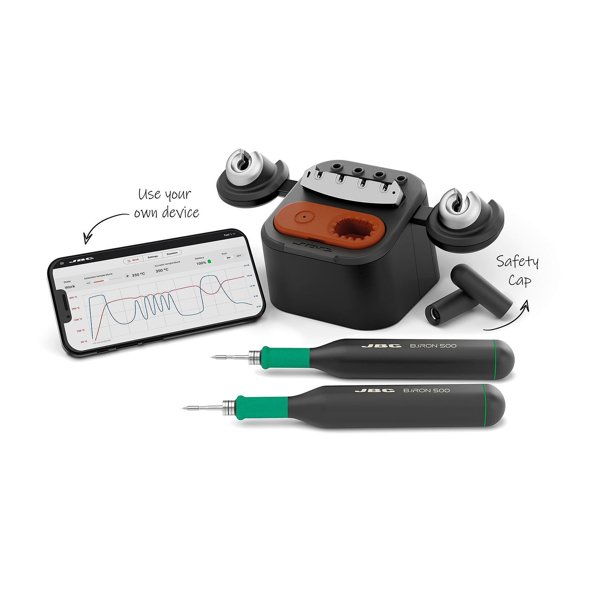 Akku-Lötstation B.IRON Dual 500, 24 W, mit 2x B.500 für C210 und 8,6-Zoll-Display - JBC BISS-5C