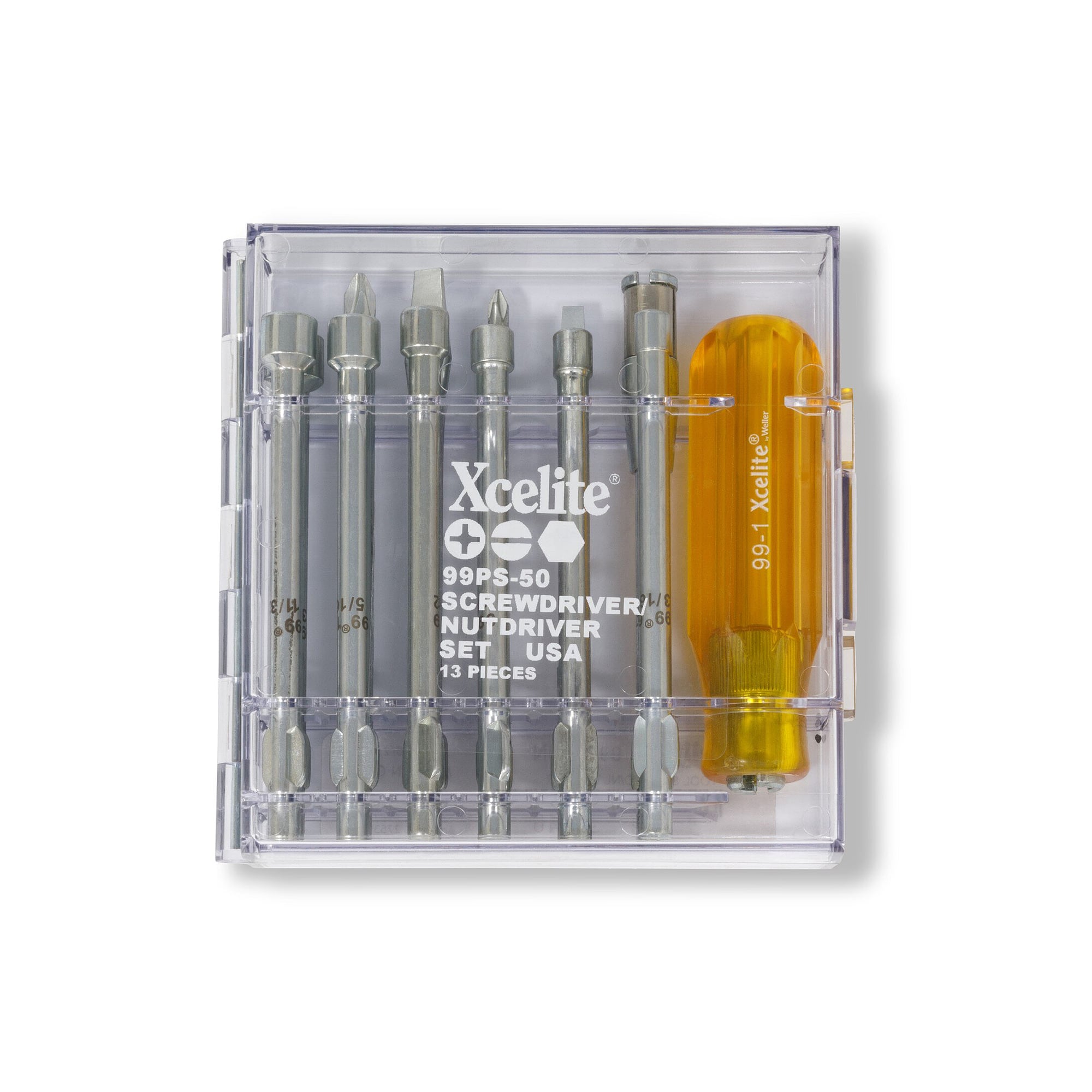 Screwdriver and socket set 13 pieces Series 99 inch sizes in clear case - Weller 99PS50N