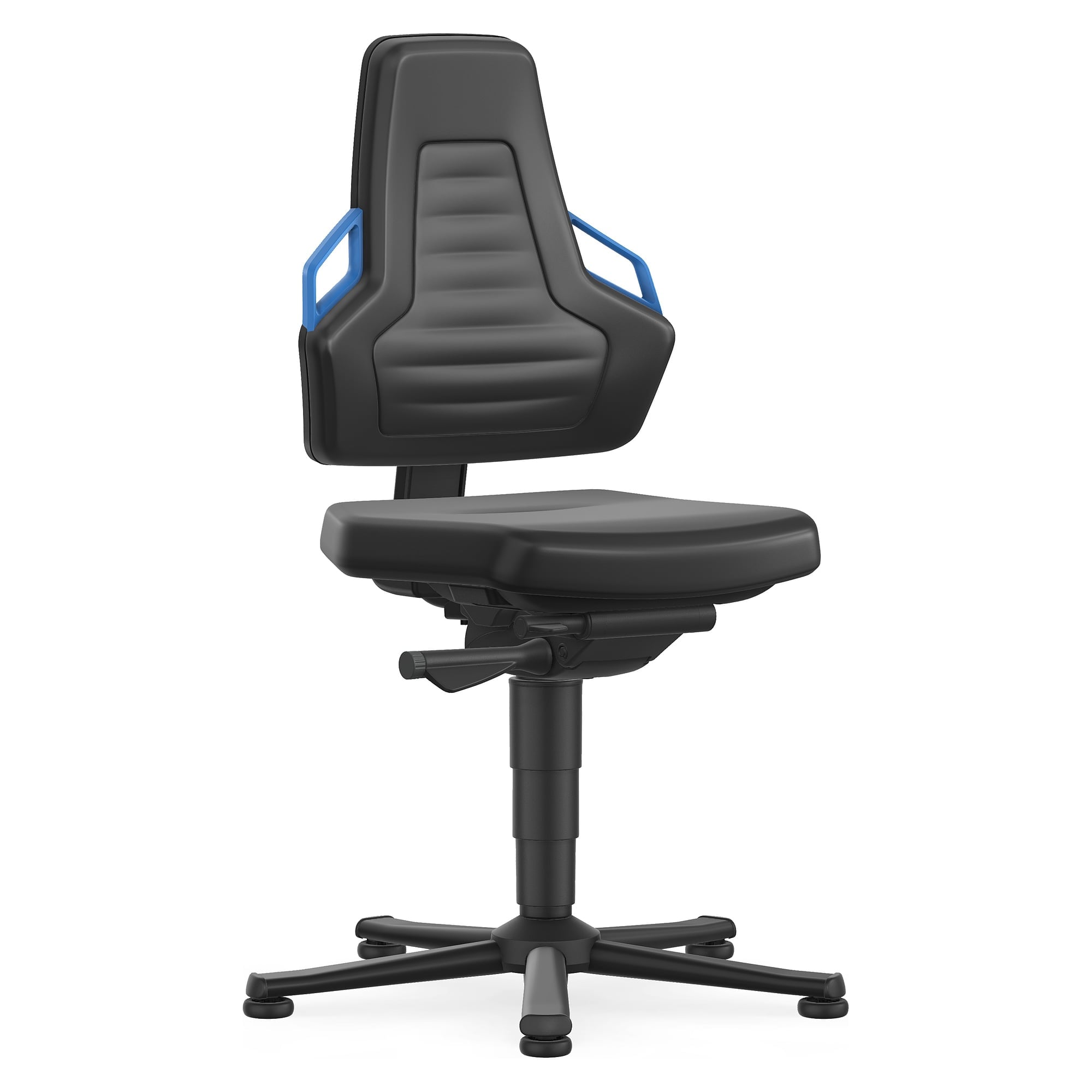 Laborstuhl Nexxit 1 mit Gleitern, Skintec, Griffe blau - Bimos 9030-4000-3277