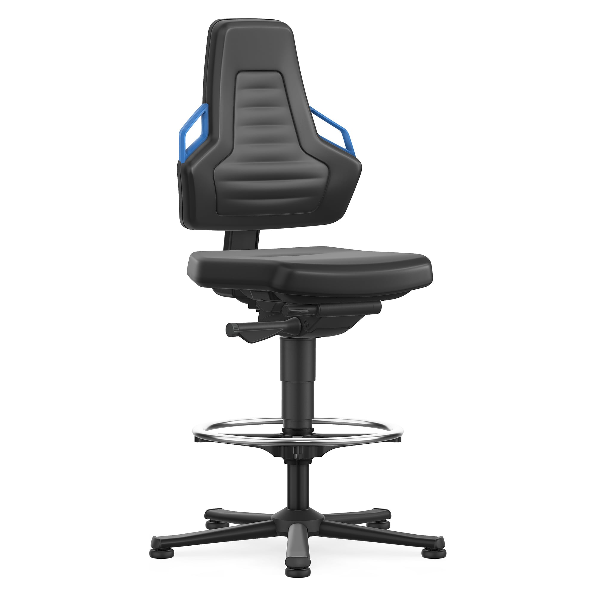 Lab chair Nexxit 3 with glides and foot ring, Skintec, blue handles, seat height 570-820 mm - Bimos 9031-4000-3277