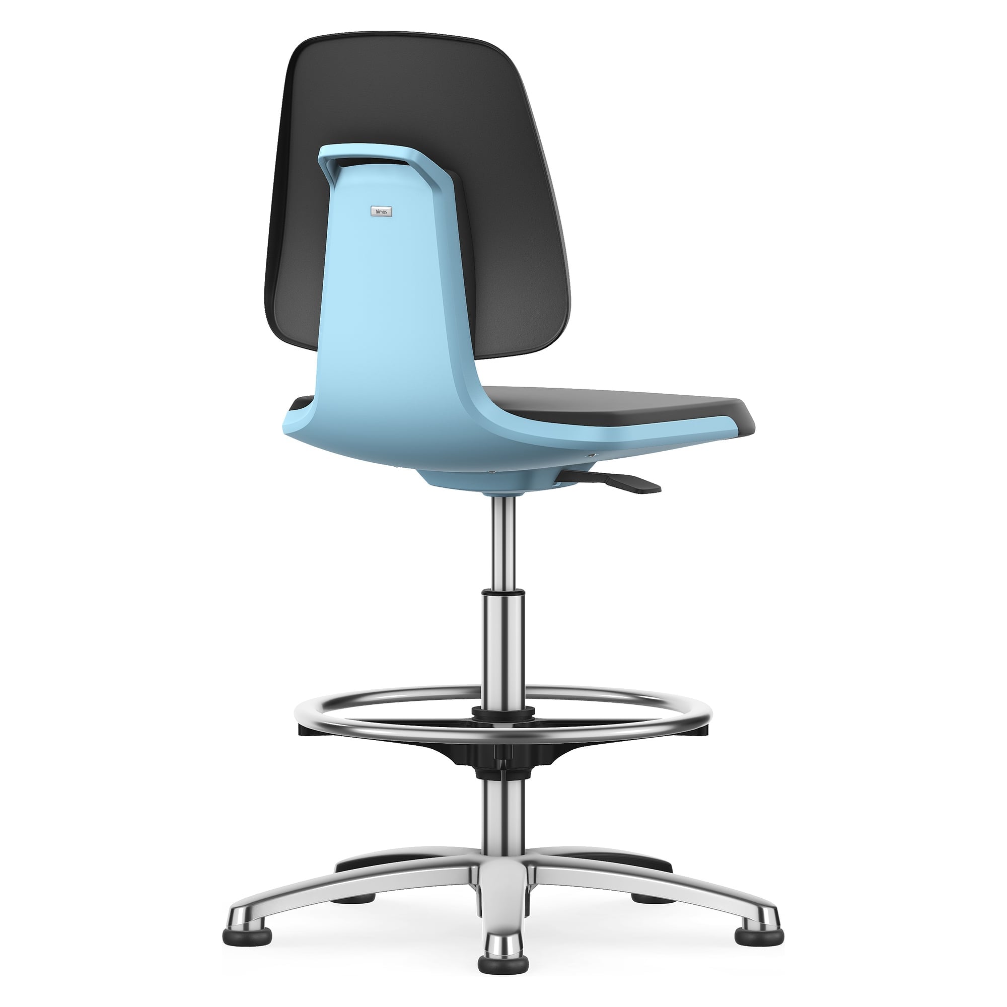 LABSIT 3 laboratory swivel chair with glides and foot ring, Skintec black, blue seat shell - Bimos 9121-4000-3277