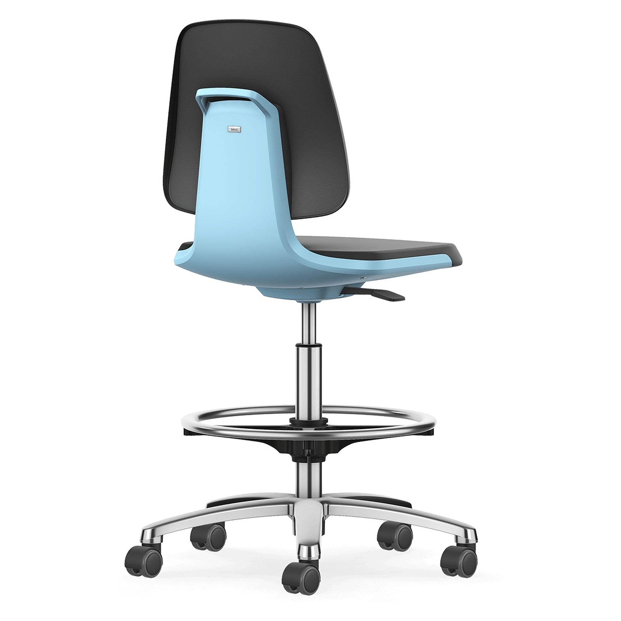 LABSIT 4 lab swivel chair with seat-stop castors and foot ring, Skintec black, blue seat shell - Bimos 9125-4000-3277