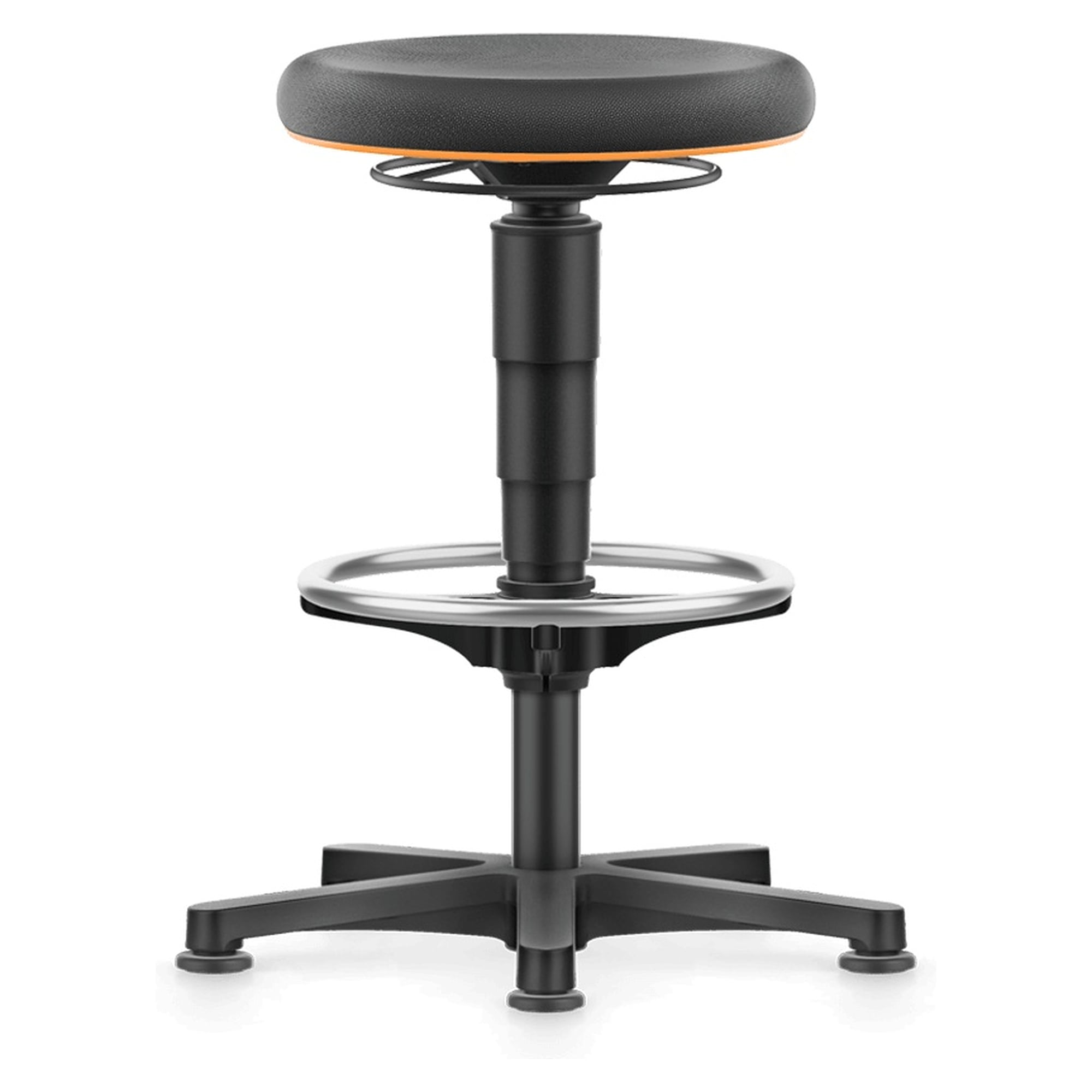 Allround Stool 3 with glides and foot ring, Skintec black, orange colour ring, height 560-830 mm - Bimos 9461-4000-3279