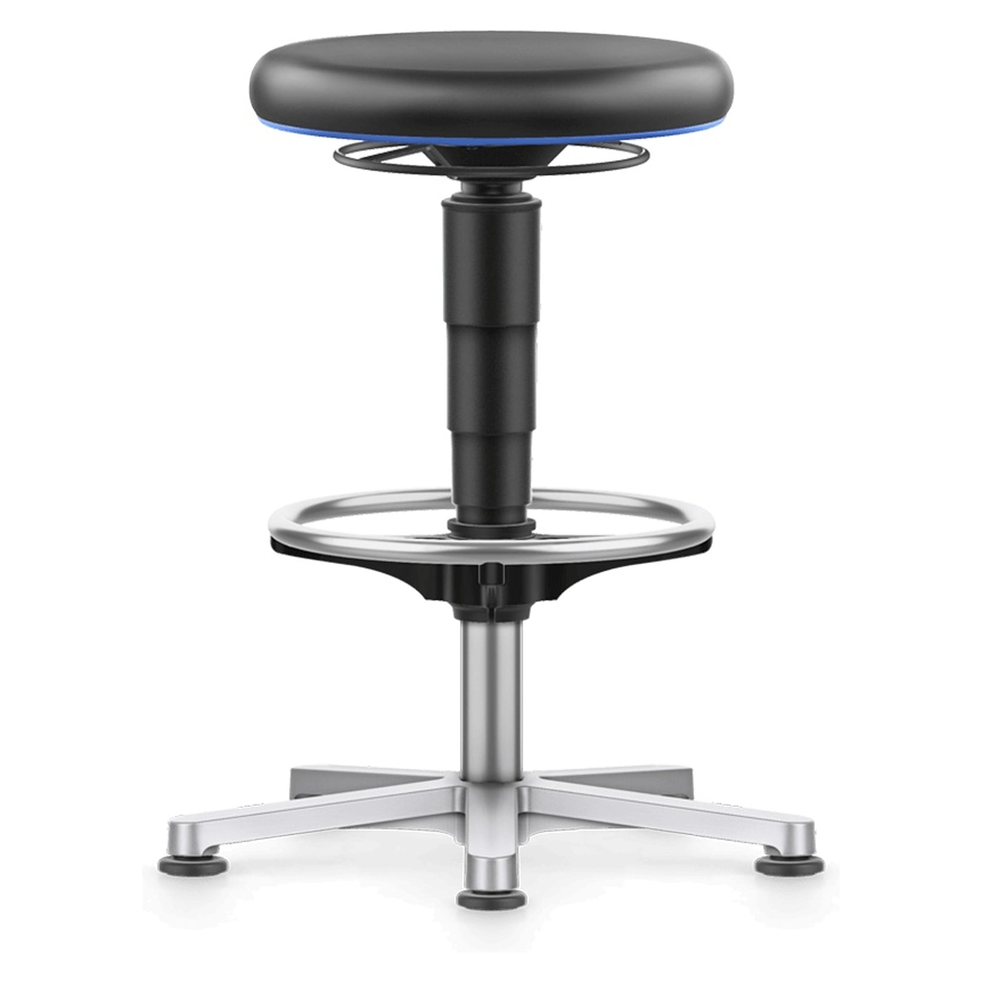 Lab Stool 3 with glides and foot ring, Skintec black, blue colour ring, height 560-830 mm - Bimos 9461L-4000-3277