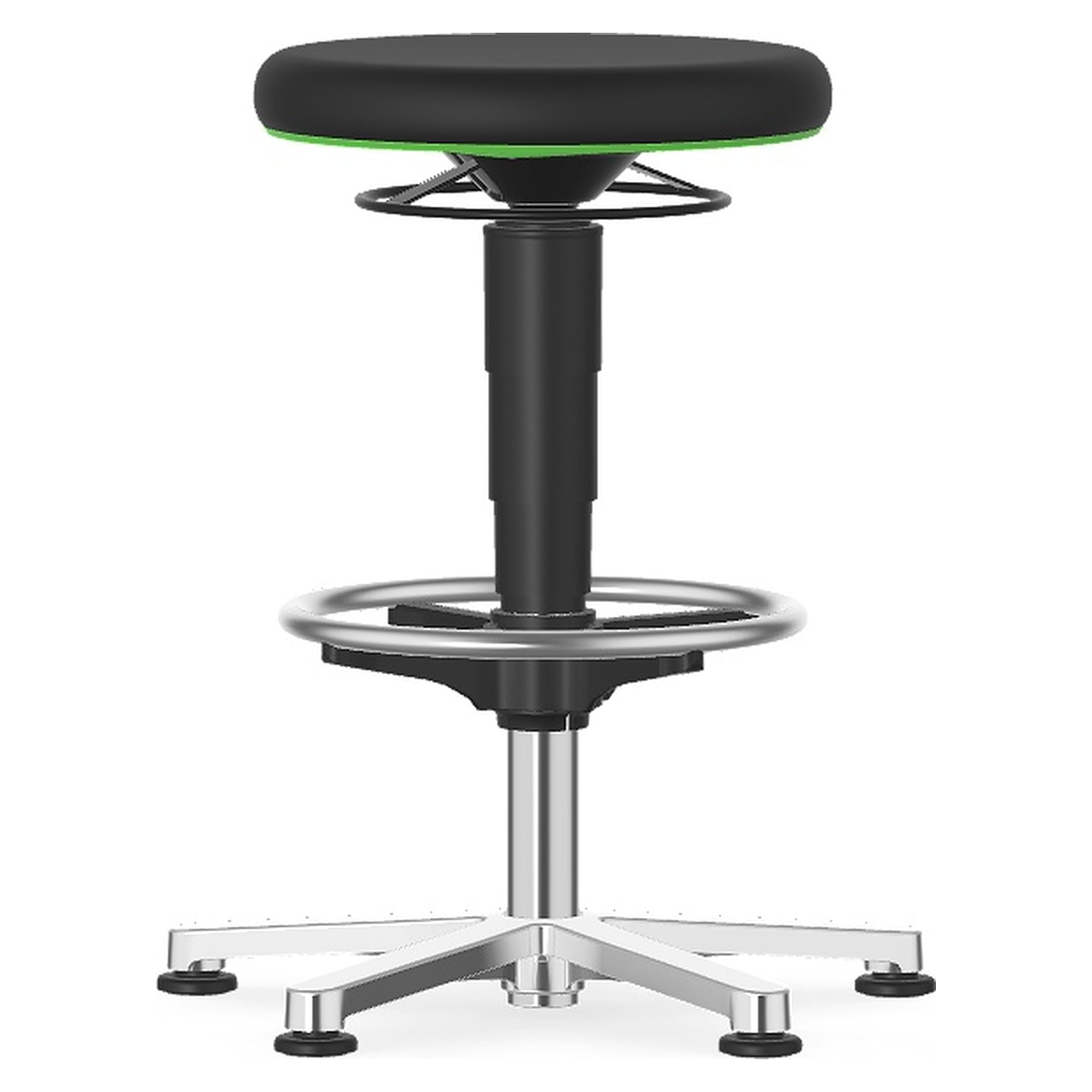 Lab Stool 3 with glides and foot ring, Skintec black, green colour ring, height 560-830 mm - Bimos 9461L-4000-3280