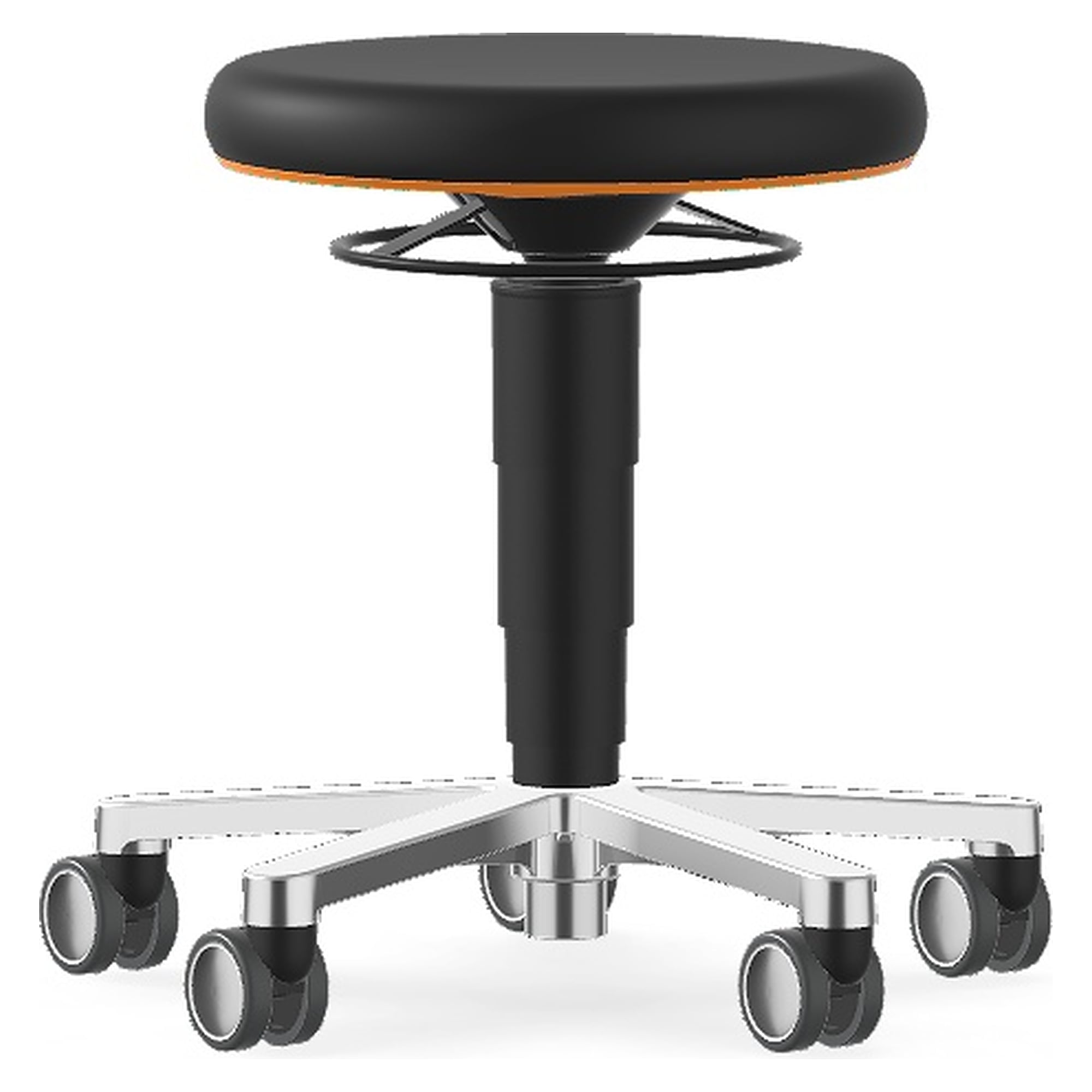 Tabouret de laboratoire 2 à roulettes, mousse intégrale noire, anneau orange, hauteur 450-650 mm - Bimos 9463L-4000-3279