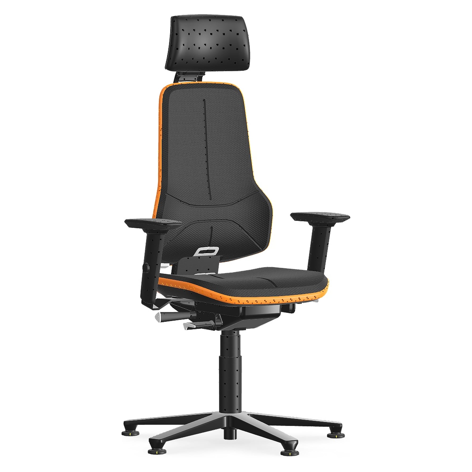 Siège de travail ESD charge lourde Neon XXL avec appui-tête, Skintec noir, Flexband orange, jusqu'à 180 kg - Bimos 9576E-4000-3279
