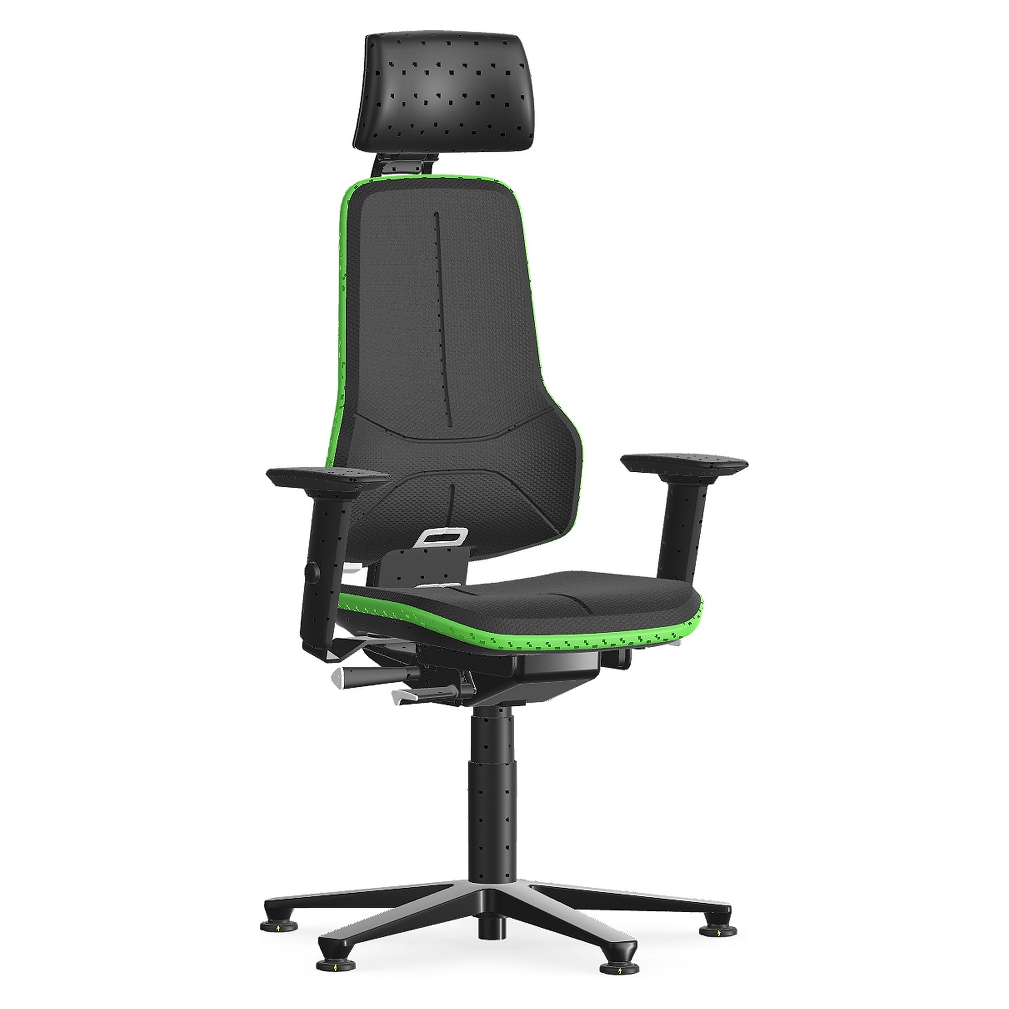 ESD heavy-duty work chair Neon XXL with headrest, Skintec black, green Flexband, up to 180 kg - Bimos 9576E-4000-3280