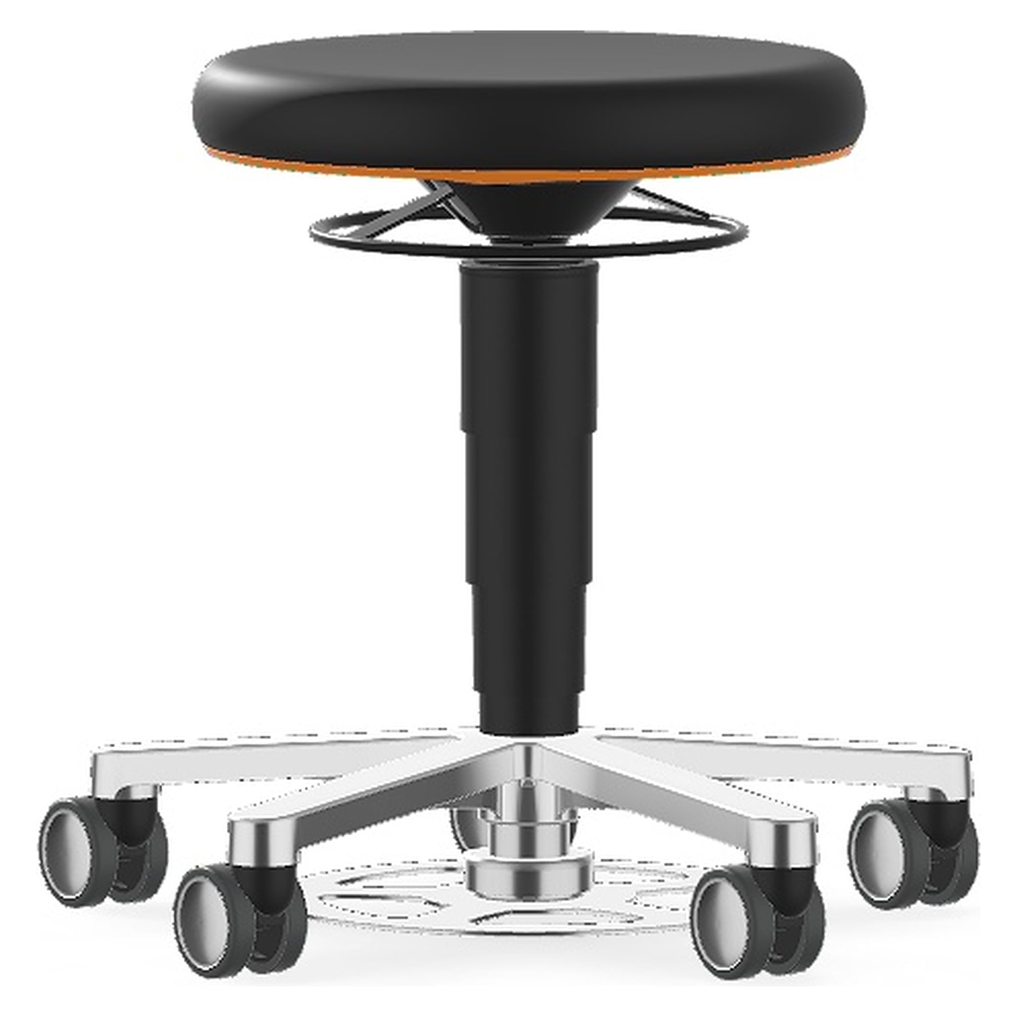 Laboratory stool with foot release and castors, Skintec black, orange colour ring, seat height 480-650 mm - Bimos 9F63L-4000-3279