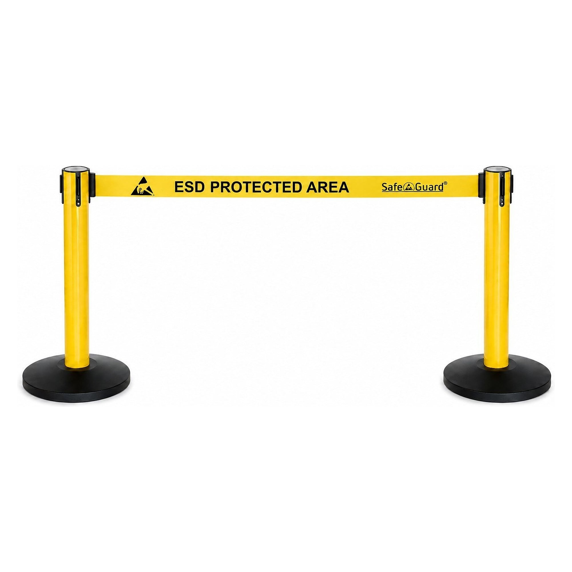 Lot de 2 poteaux de délimitation à sangle 5 m imprimée ESD PROTECTED AREA, jaune - Safeguard SG-GAP-GE-96cm-2PCs